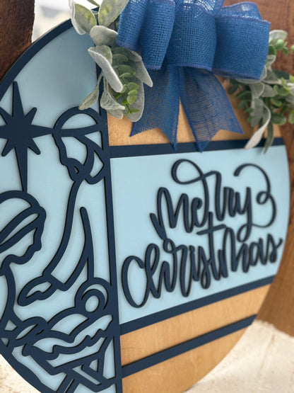 Merry Christmas Nativity Door Sign – Religious Christmas Door Hanger, Handmade Layered Wood Christian Holiday Porch Decor