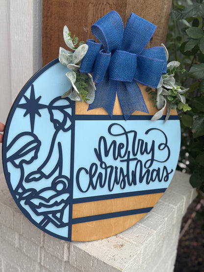 Merry Christmas Nativity Door Sign – Religious Christmas Door Hanger, Handmade Layered Wood Christian Holiday Porch Decor