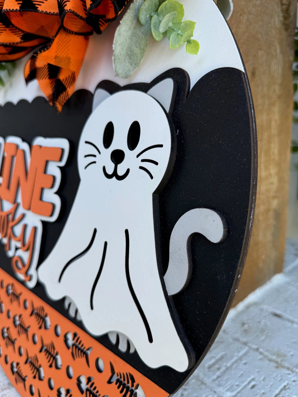 Feline Spooky Halloween Cat Door Sign | Ghost Cat Door Hanger | Funny Cat Mom Gift | Farmhouse Porch Fall Décor - 3D Layered Wood Door Sign by Getz It Done Studio