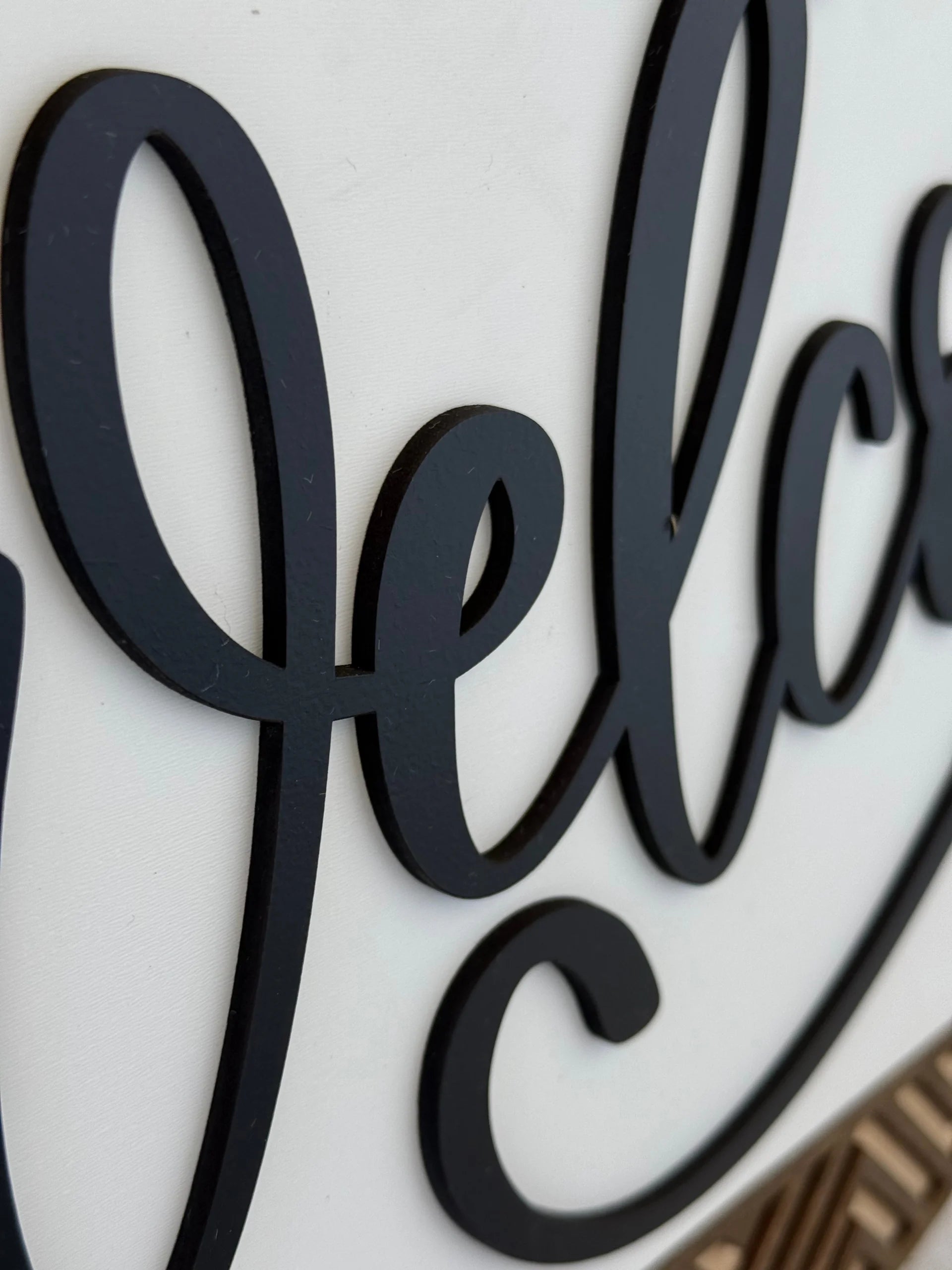 Close-up of a black, cursive word Welcome made from raised material on a white background. The bottom right corner shows a bit of woven, brown, basket-like texture. Only part of the word is visible, emphasizing the letters “e,” “l,” and “c.”.