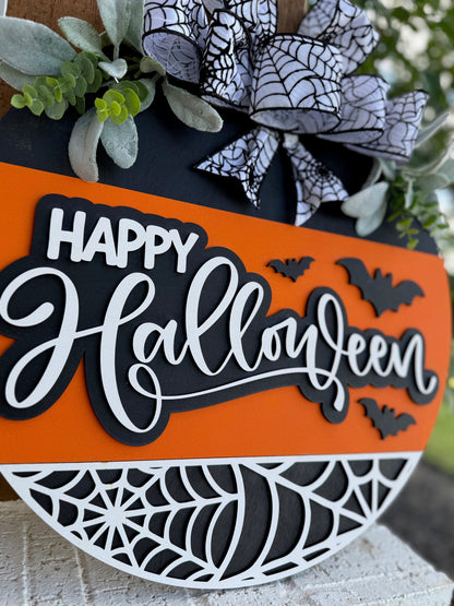 Happy Halloween Door Sign – Layered Wood Bat & Web Wreath, Rustic Farmhouse Porch Decor, Spooky Fall Front Door Hanging