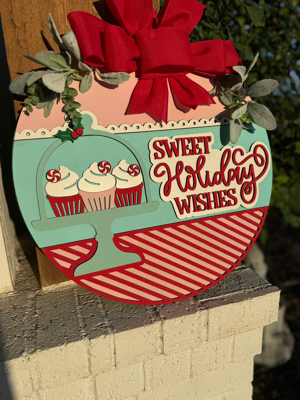 Sweet Holiday Wishes Christmas Door Sign – Cupcake Holiday Wreath, Peppermint Cupcake Front Door Hanger, Handmade Xmas Decor