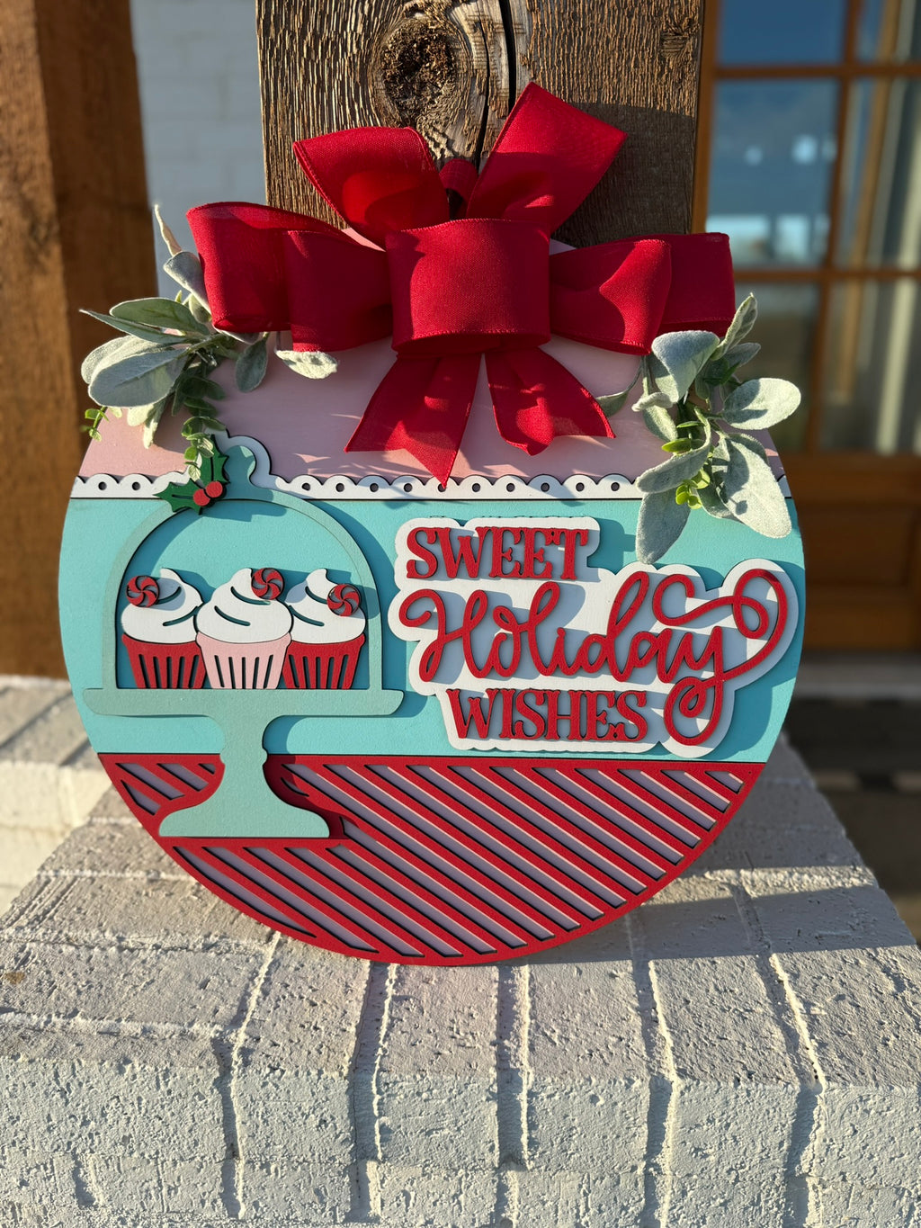 Sweet Holiday Wishes Christmas Door Sign – Cupcake Holiday Wreath, Peppermint Cupcake Front Door Hanger, Handmade Xmas Decor