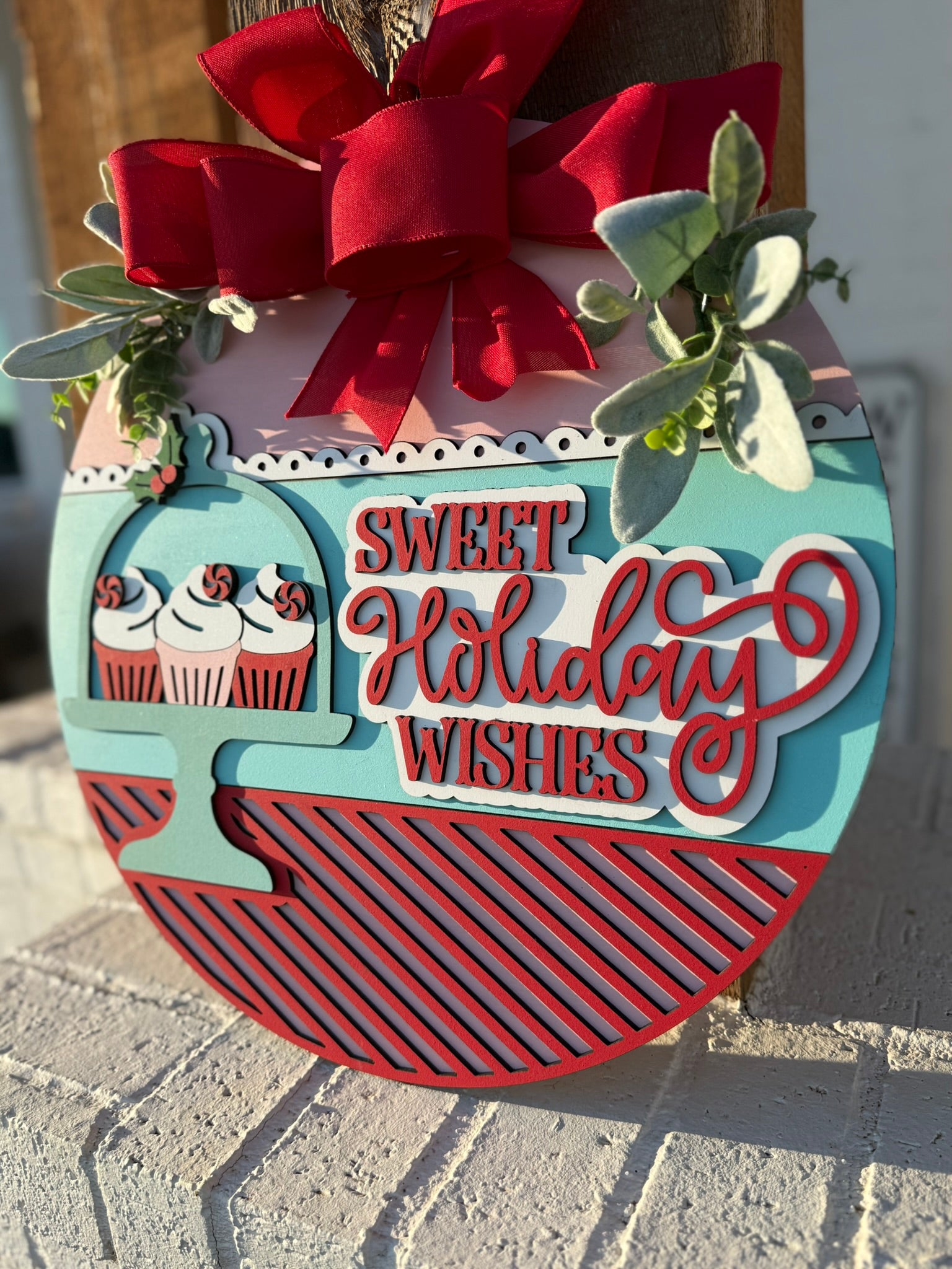 Sweet Holiday Wishes Christmas Door Sign – Cupcake Holiday Wreath, Peppermint Cupcake Front Door Hanger, Handmade Xmas Decor