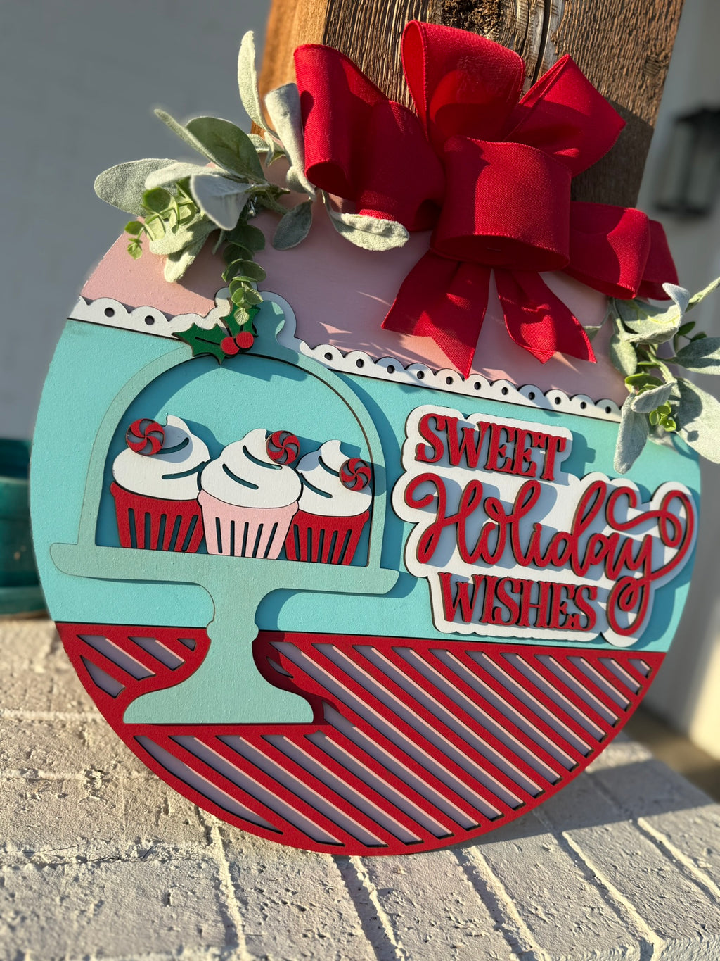 Sweet Holiday Wishes Christmas Door Sign – Cupcake Holiday Wreath, Peppermint Cupcake Front Door Hanger, Handmade Xmas Decor