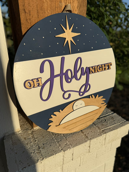 Oh Holy Night Nativity Door Sign | Christian Christmas Decor | Religious Holiday Porch Hanger | Baby Jesus Manger Wall Art