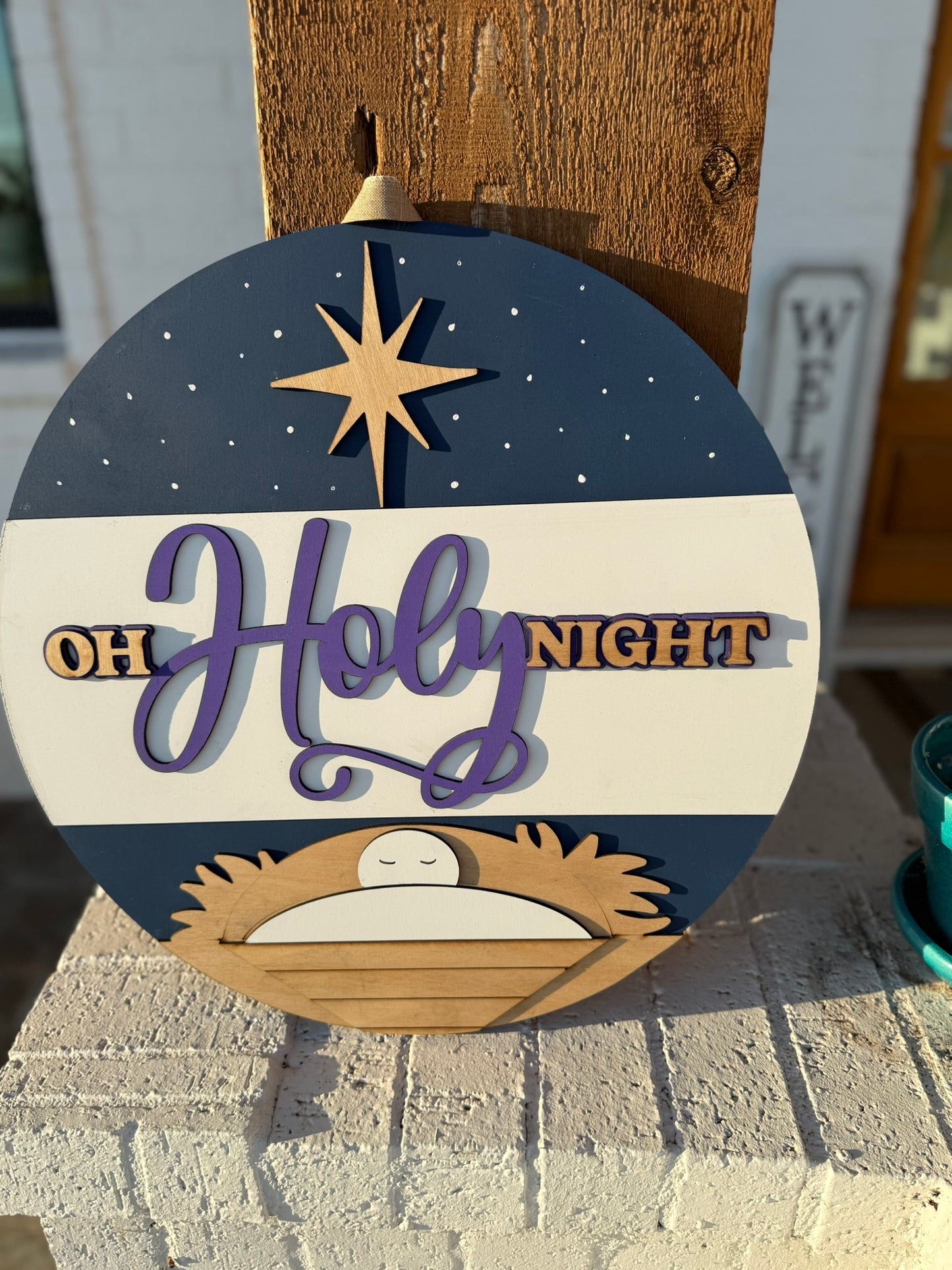 Oh Holy Night Nativity Door Sign | Christian Christmas Decor | Religious Holiday Porch Hanger | Baby Jesus Manger Wall Art