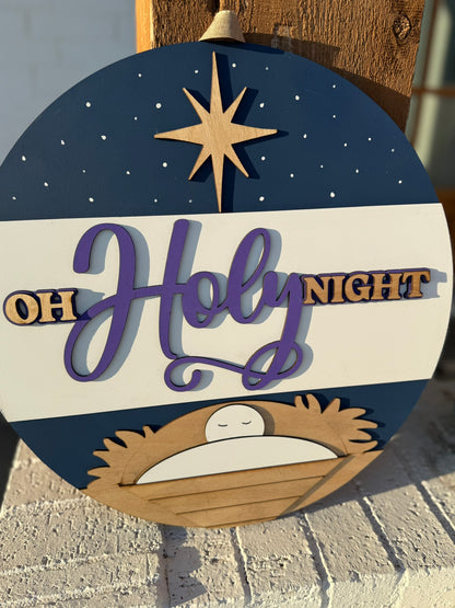 Oh Holy Night Nativity Door Sign | Christian Christmas Decor | Religious Holiday Porch Hanger | Baby Jesus Manger Wall Art