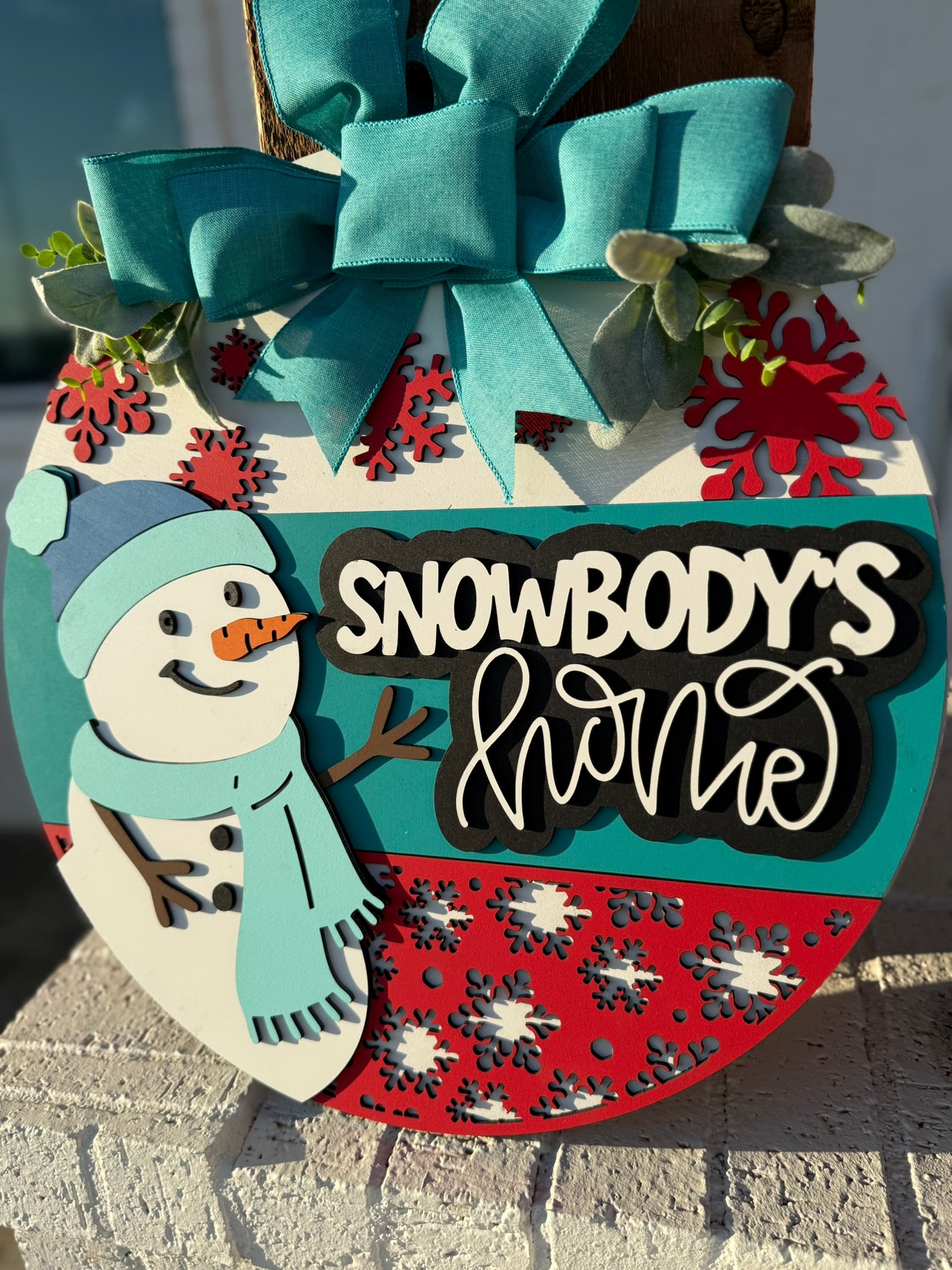 Snowbody’s Home Snowman Door Sign | Winter Christmas Porch Decor | Handmade Holiday Front Door Wreath | Festive Snowflake Wall Art