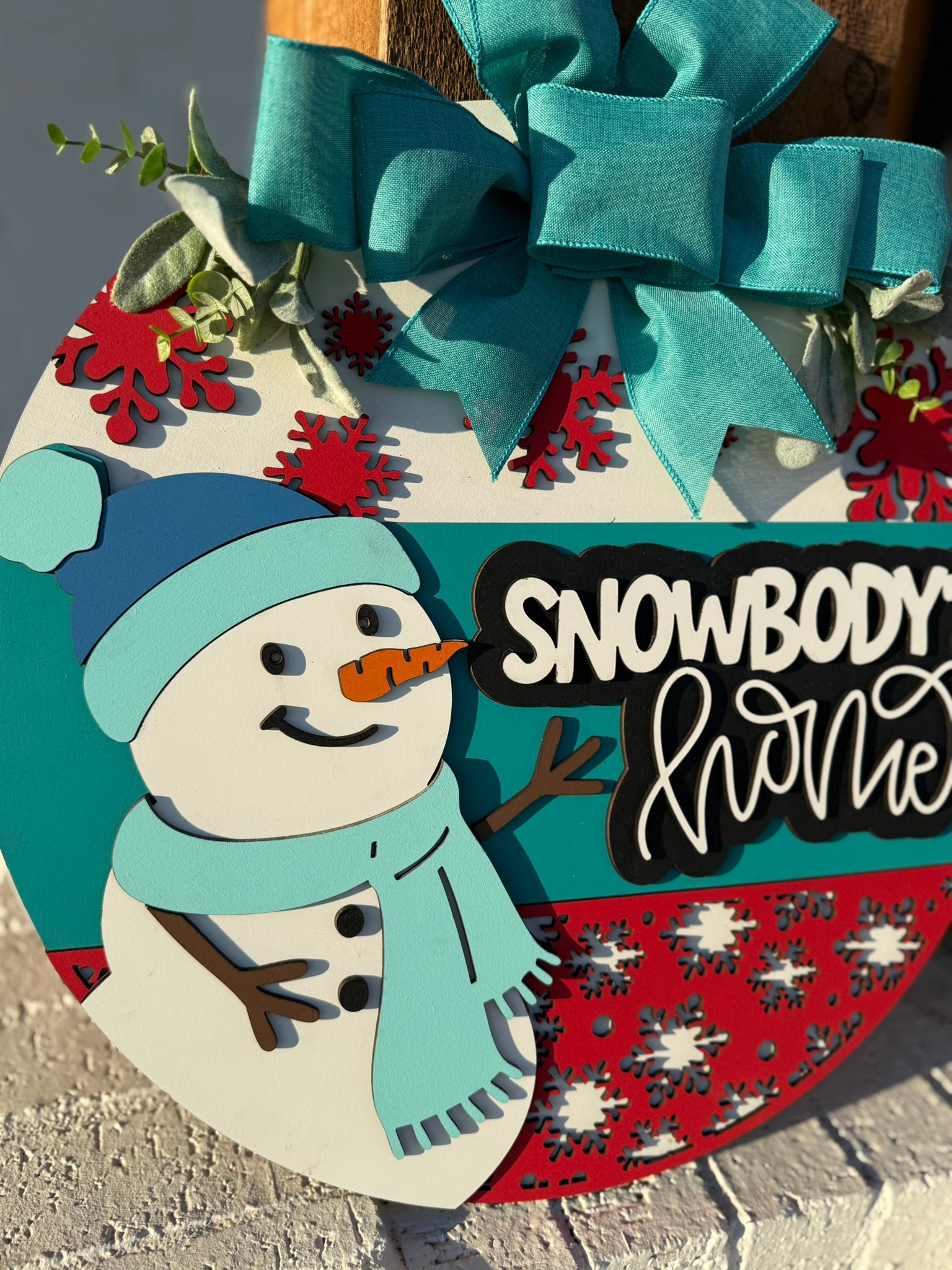 Snowbody’s Home Snowman Door Sign | Winter Christmas Porch Decor | Handmade Holiday Front Door Wreath | Festive Snowflake Wall Art