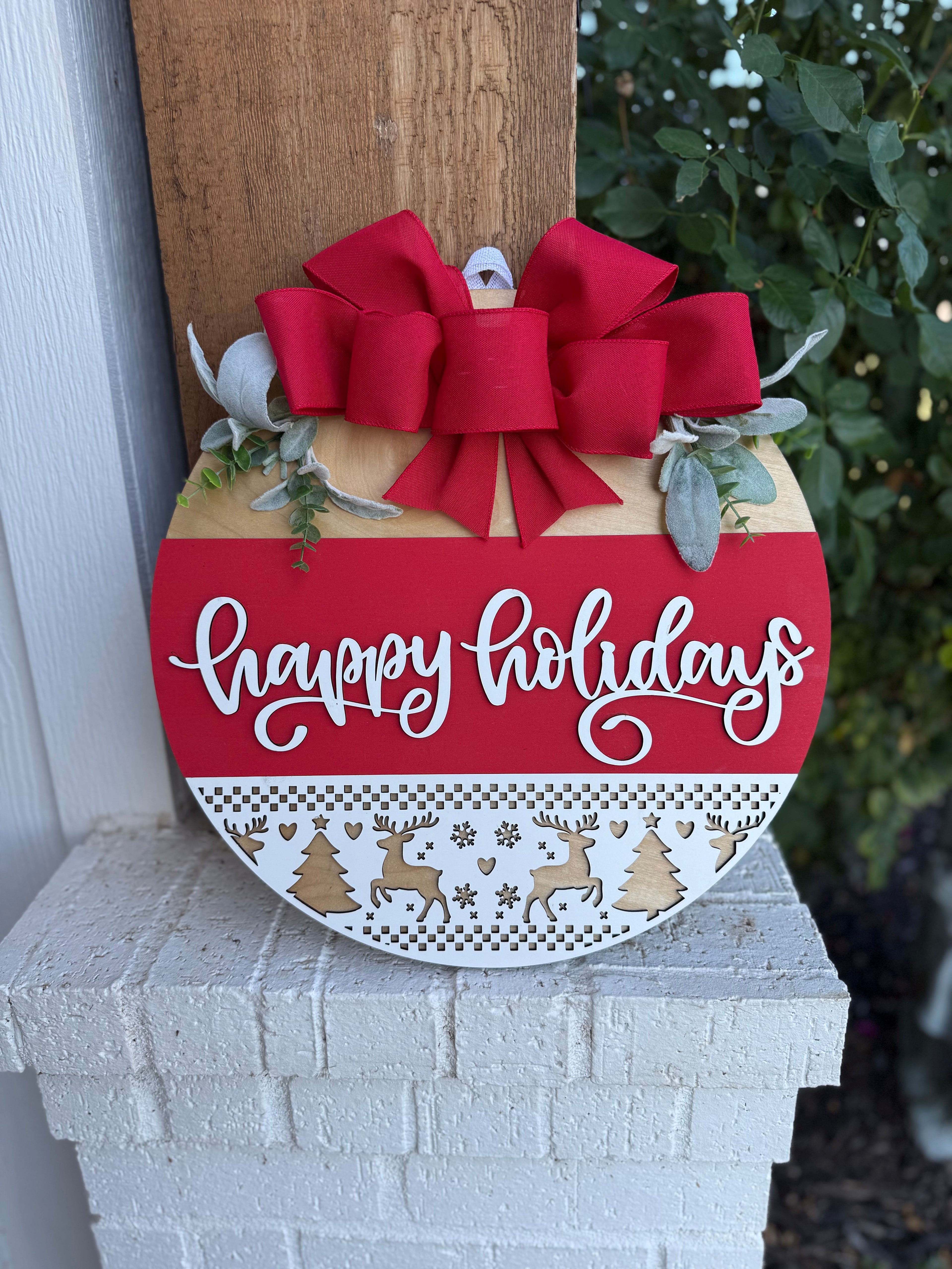 Happy Holidays Door Sign | Rustic Farmhouse Christmas Door Hanger | Red Holiday Front Porch Sign with Reindeer & Trees | Winter Decor