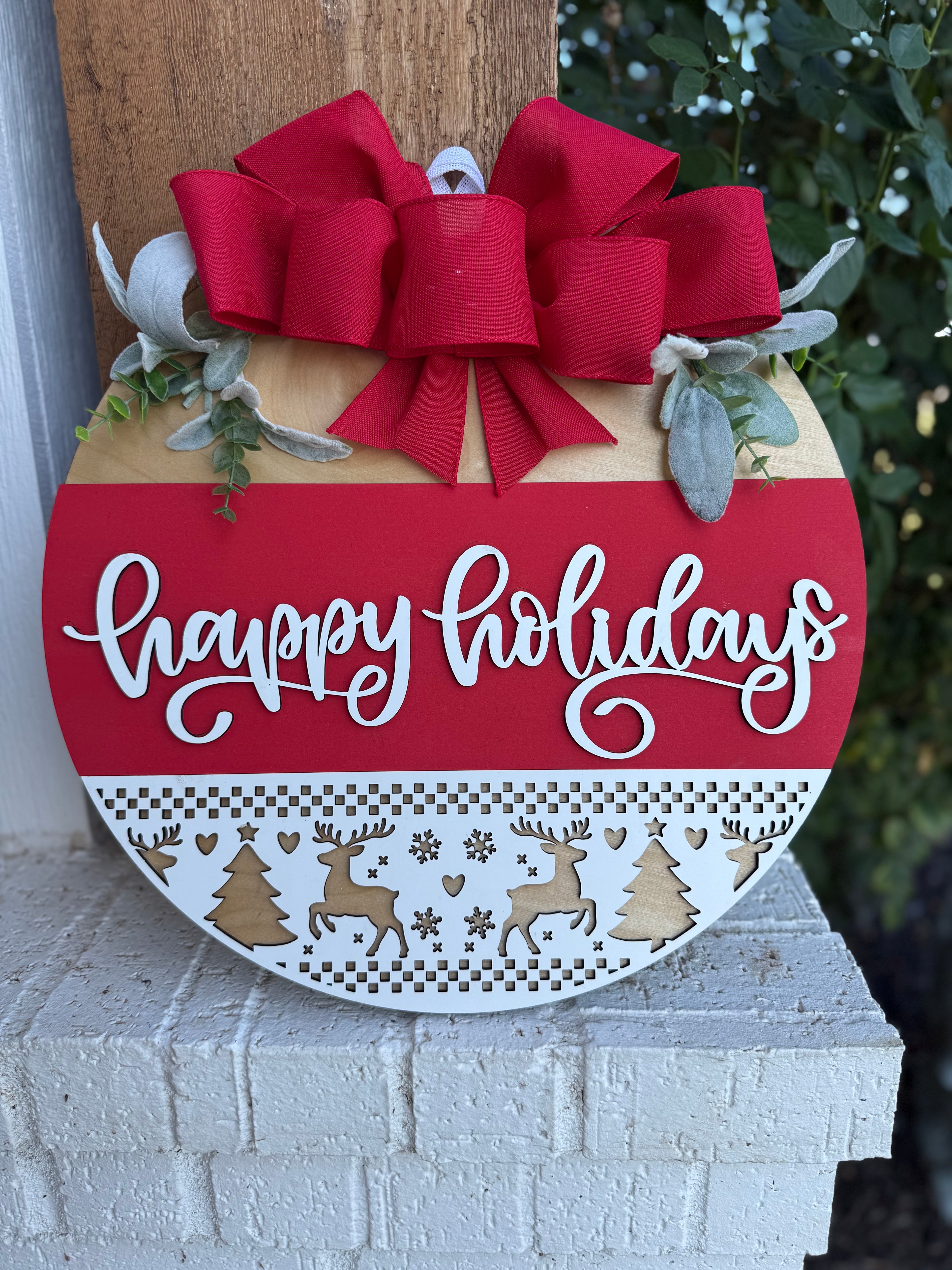 Happy Holidays Door Sign | Rustic Farmhouse Christmas Door Hanger | Red Holiday Front Porch Sign with Reindeer & Trees | Winter Decor