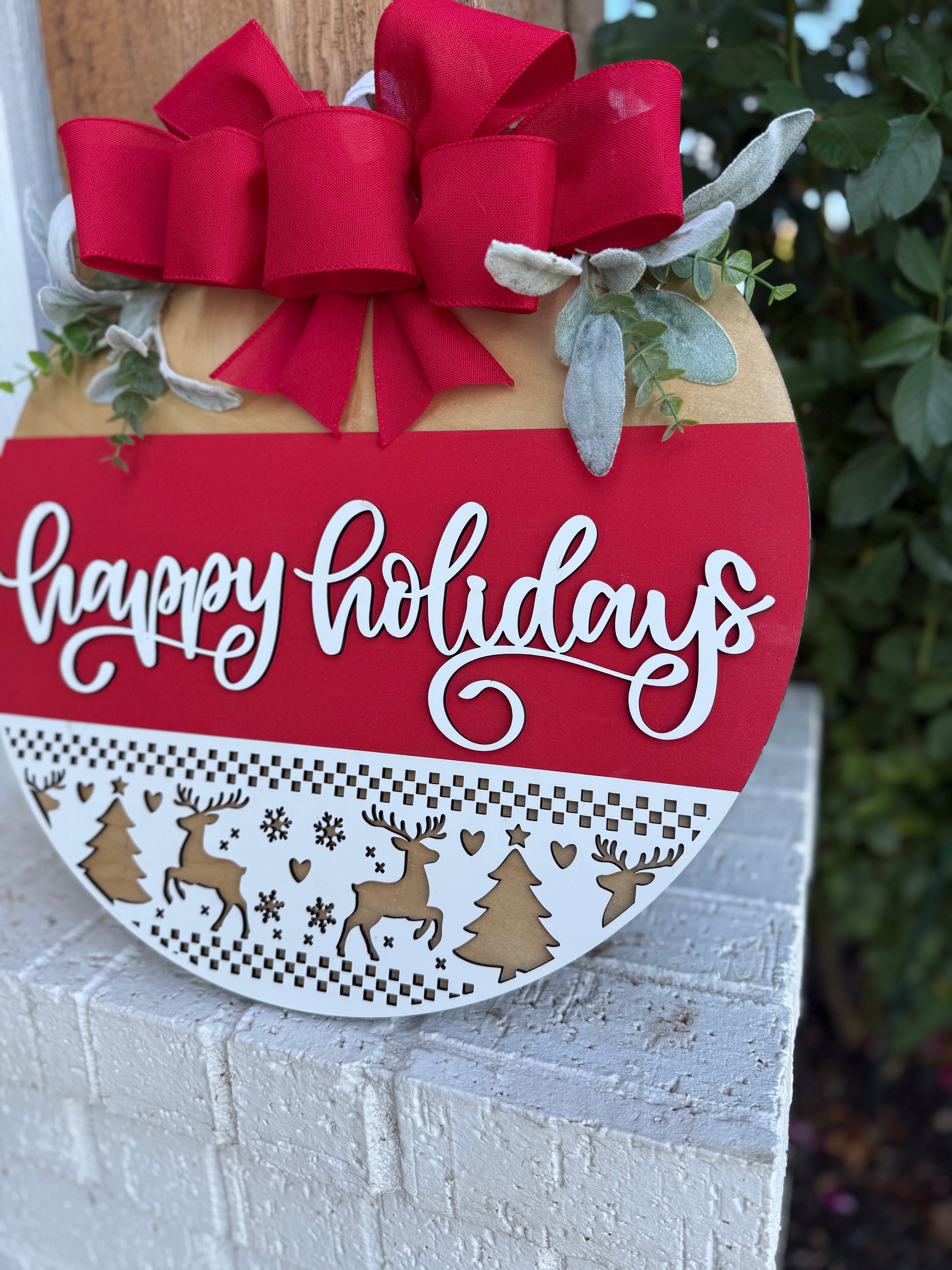Happy Holidays Door Sign | Rustic Farmhouse Christmas Door Hanger | Red Holiday Front Porch Sign with Reindeer & Trees | Winter Decor