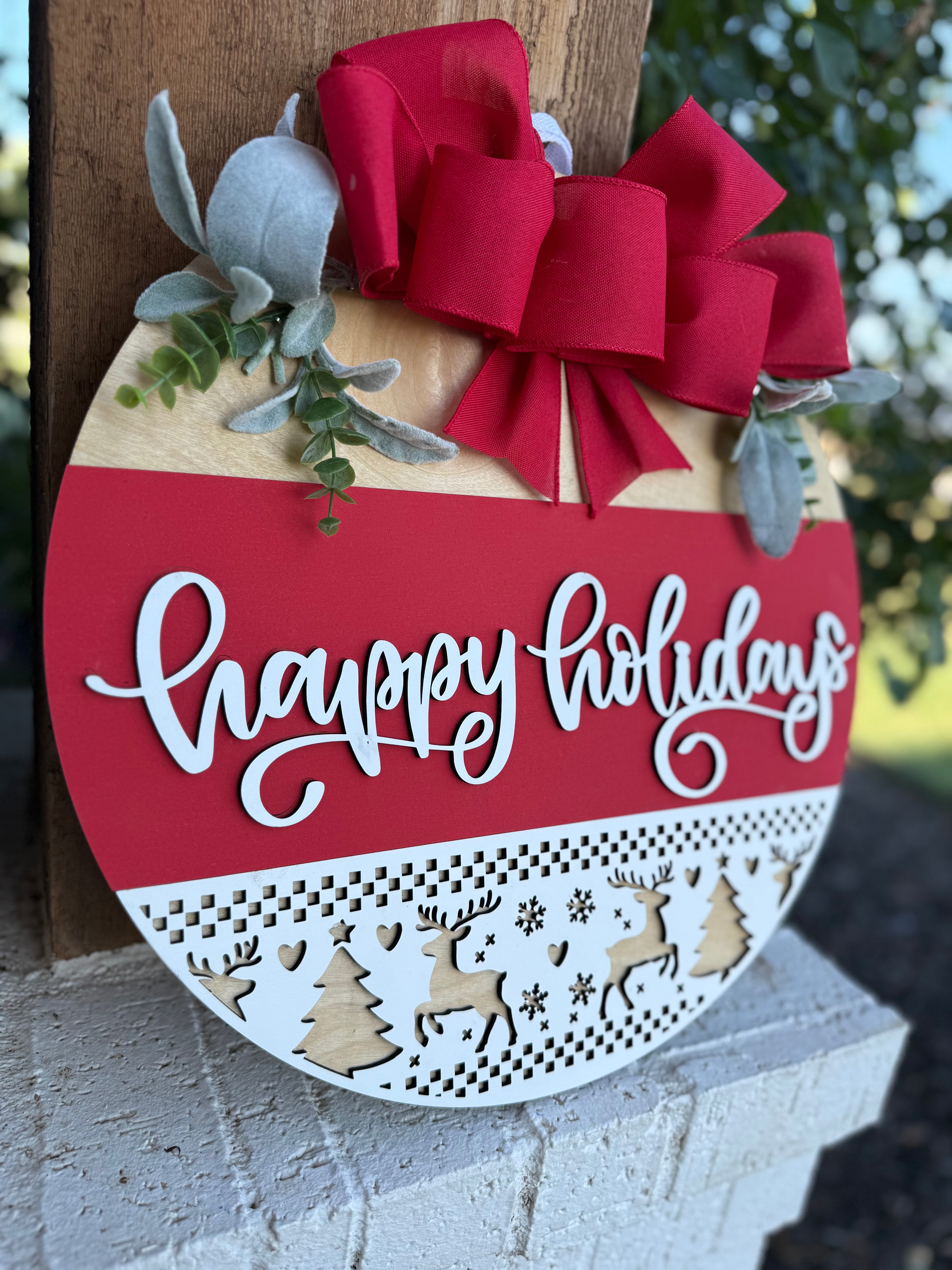 Happy Holidays Door Sign | Rustic Farmhouse Christmas Door Hanger | Red Holiday Front Porch Sign with Reindeer & Trees | Winter Decor