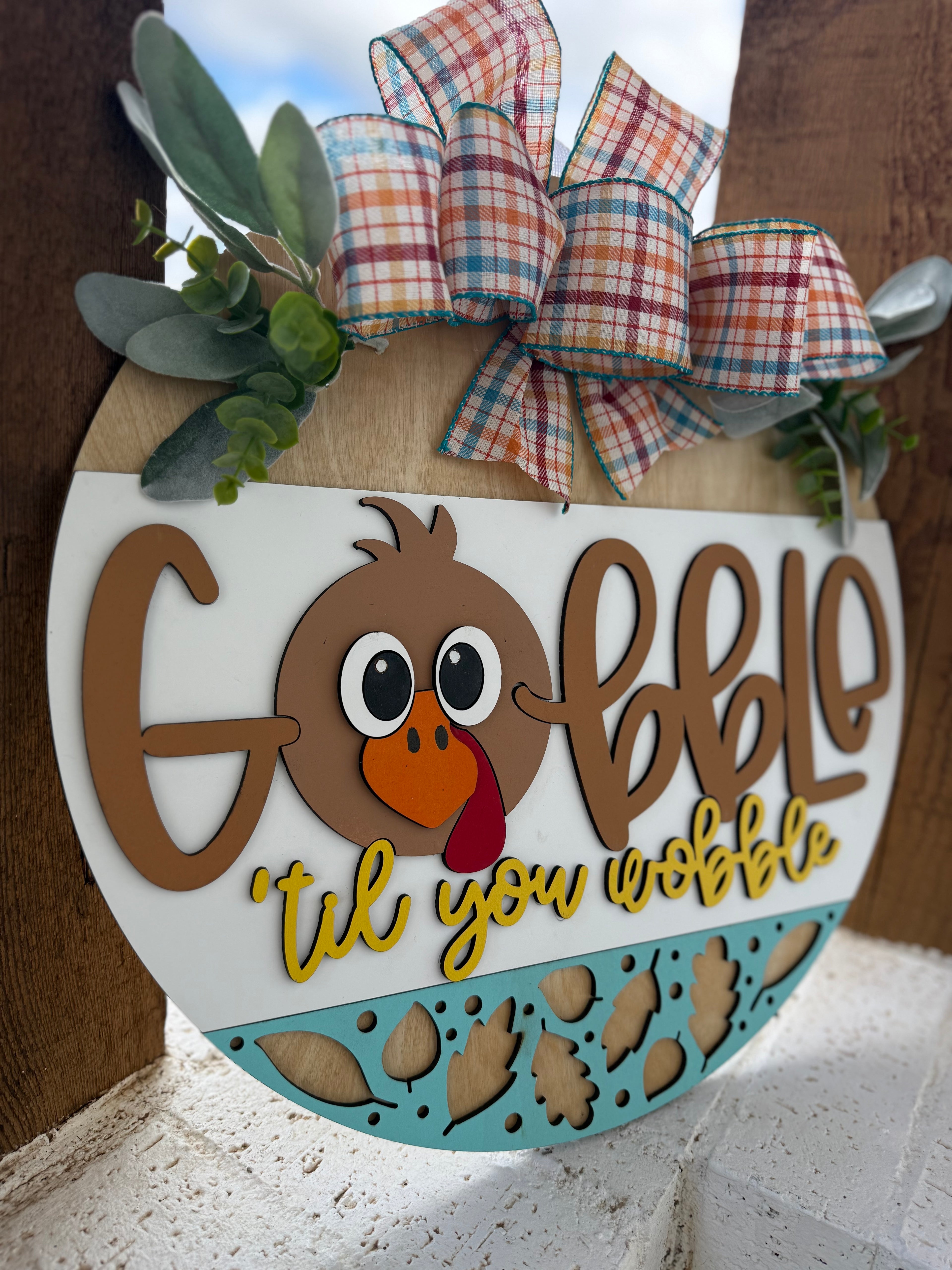 Gobble Til You Wobble Thanksgiving Door Sign – Funny Turkey Front Door Hanger, 3D Layered Wood Wreath, Fall Farmhouse Holiday Porch Decor