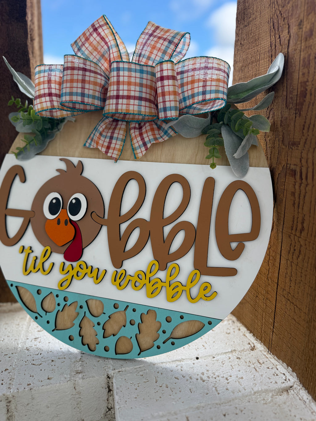 Gobble Til You Wobble Thanksgiving Door Sign – Funny Turkey Front Door Hanger, 3D Layered Wood Wreath, Fall Farmhouse Holiday Porch Decor