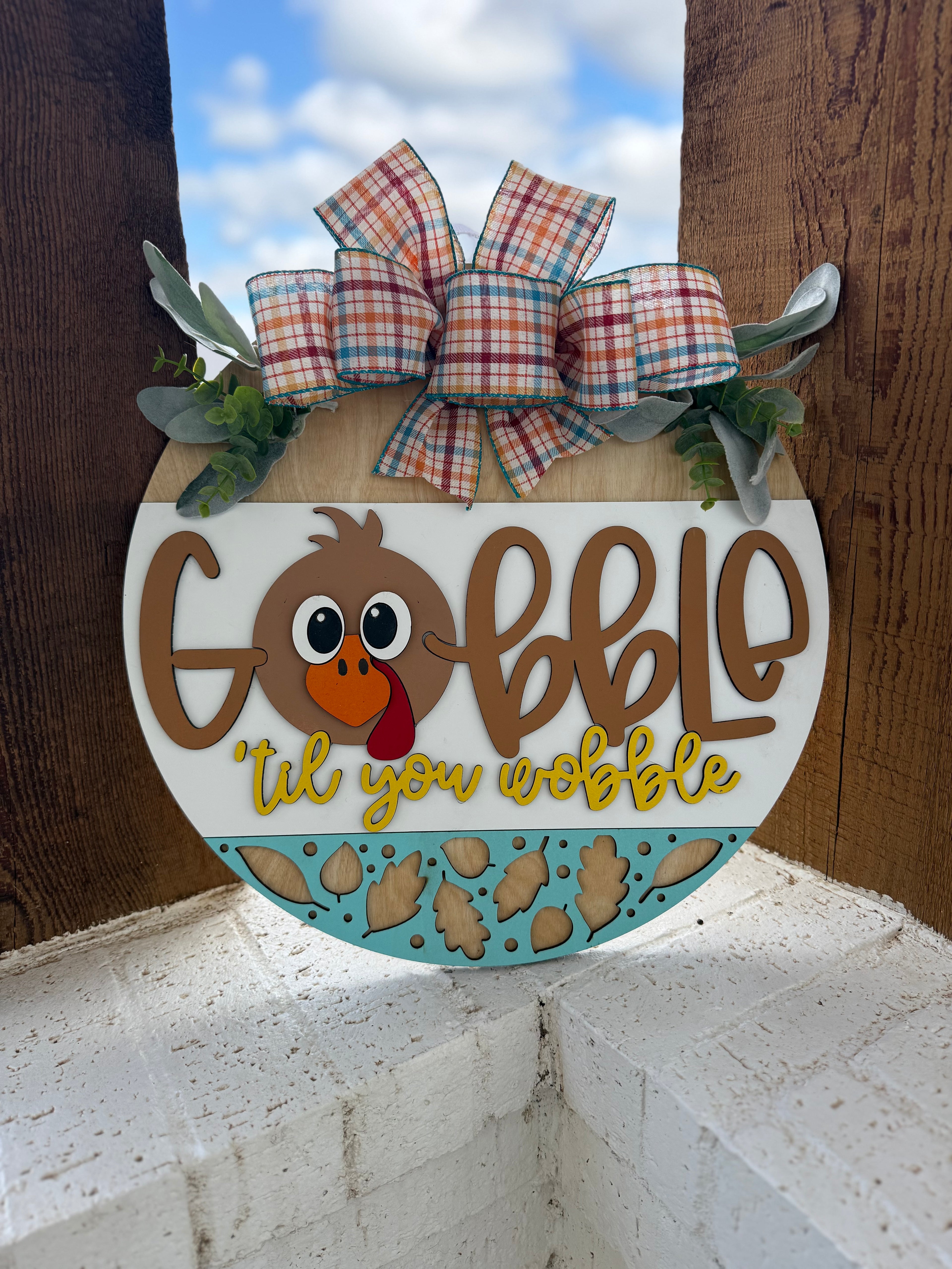 Gobble Til You Wobble Thanksgiving Door Sign – Funny Turkey Front Door Hanger, 3D Layered Wood Wreath, Fall Farmhouse Holiday Porch Decor