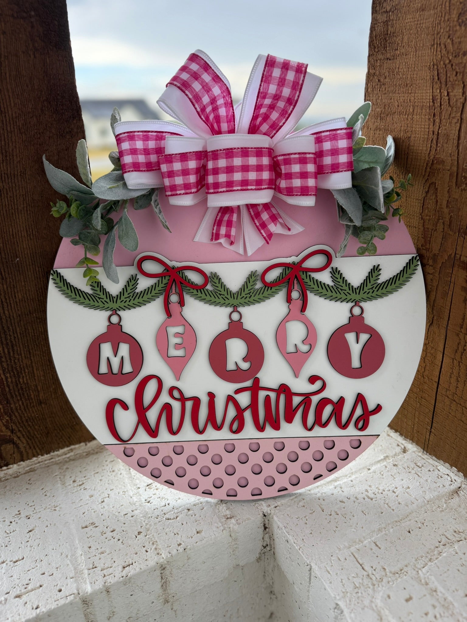Merry Christmas Ornaments Door Sign – 3D Layered Wooden Holiday Wreath, Farmhouse Christmas Front Door Hanger with Pink Bow