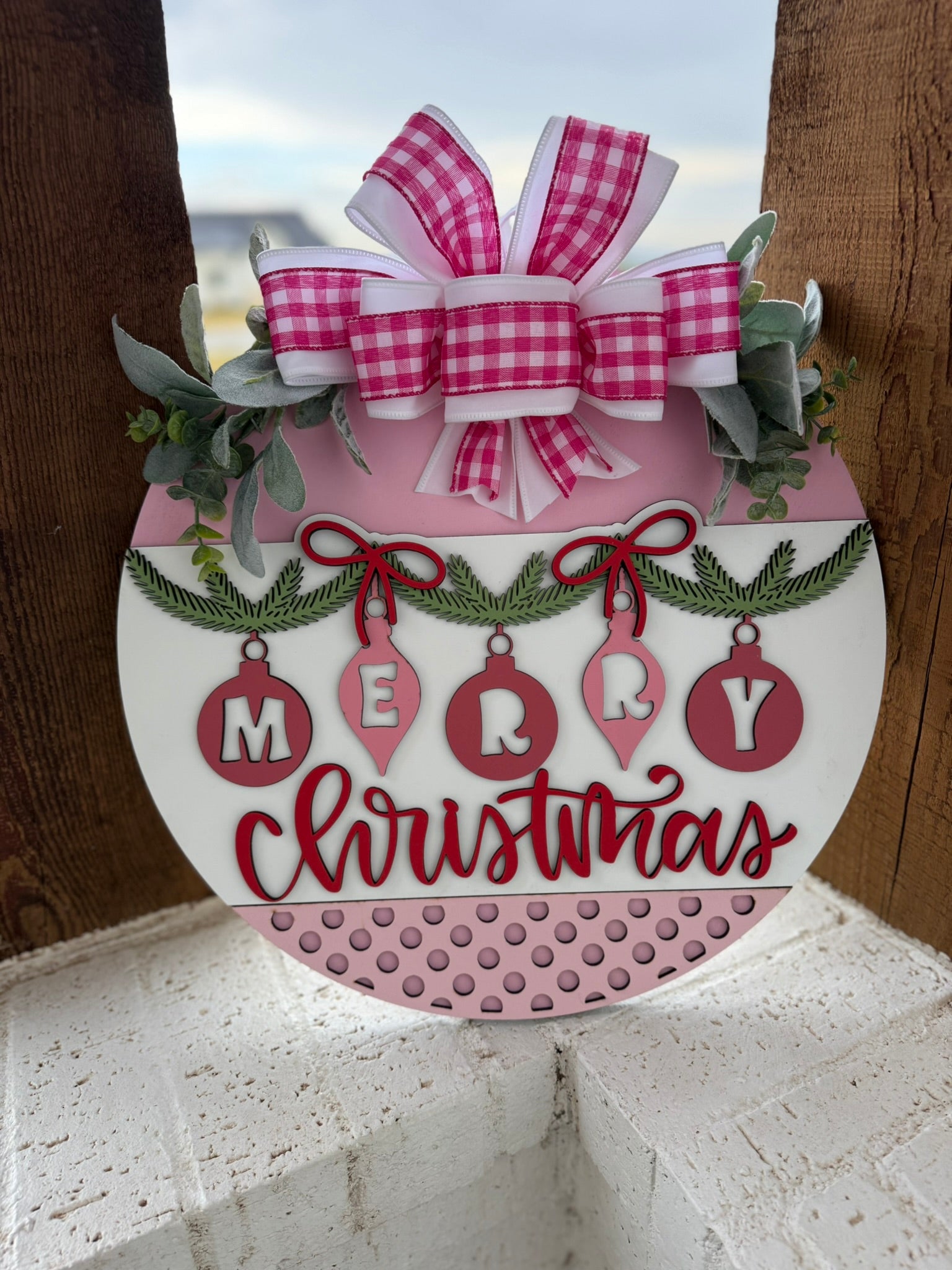 Merry Christmas Ornaments Door Sign – 3D Layered Wooden Holiday Wreath, Farmhouse Christmas Front Door Hanger with Pink Bow