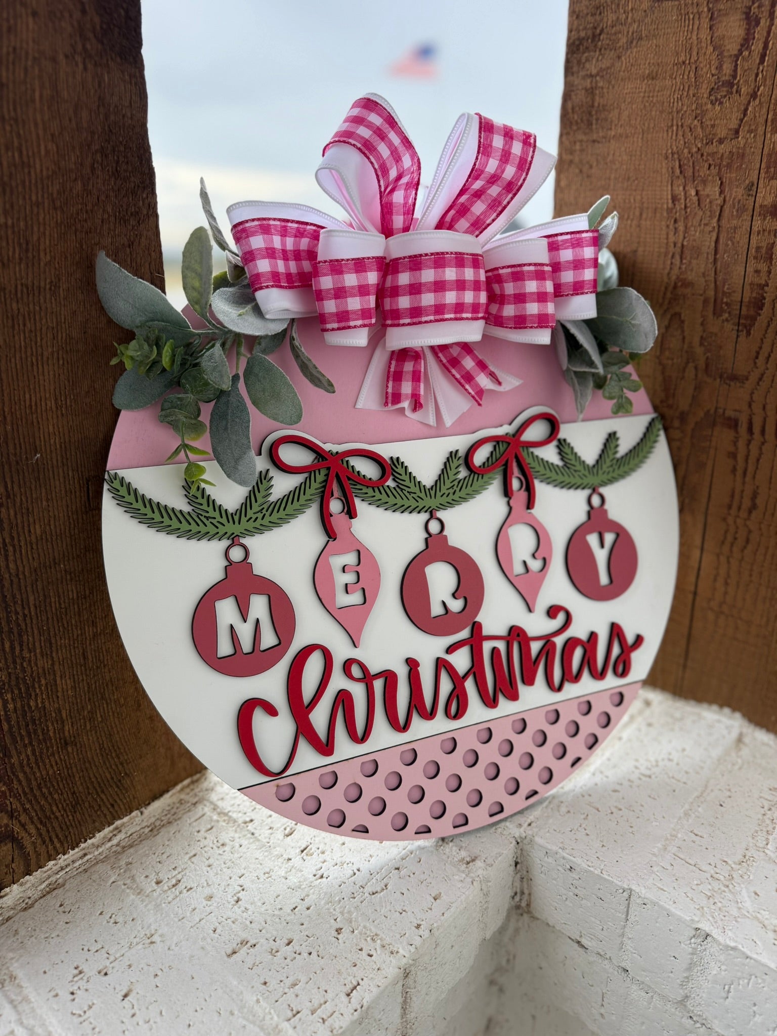 Merry Christmas Ornaments Door Sign – 3D Layered Wooden Holiday Wreath, Farmhouse Christmas Front Door Hanger with Pink Bow