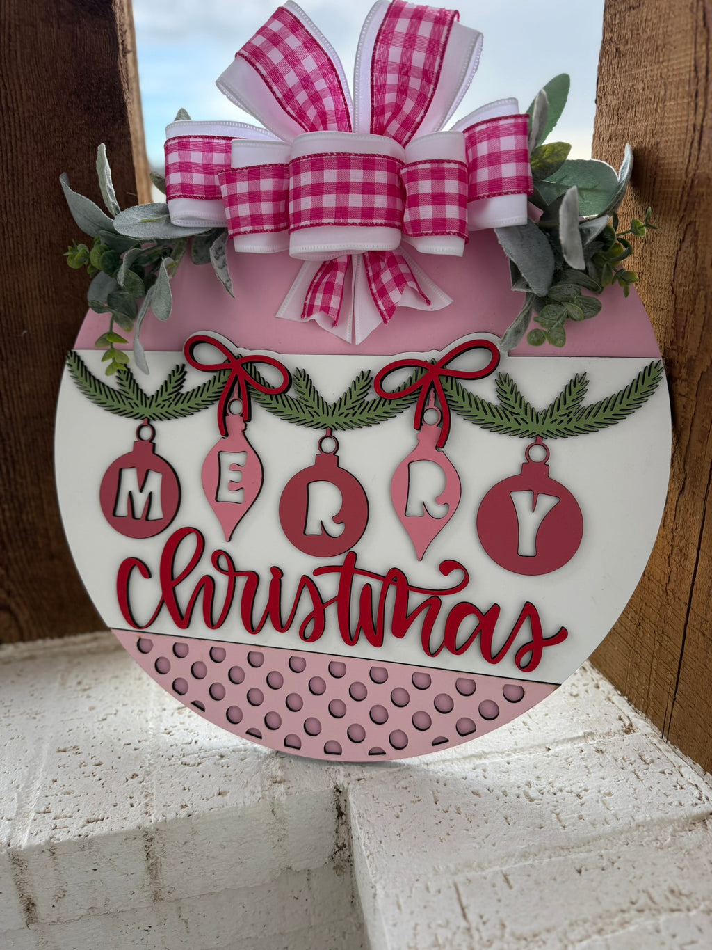Merry Christmas Ornaments Door Sign – 3D Layered Wooden Holiday Wreath, Farmhouse Christmas Front Door Hanger with Pink Bow