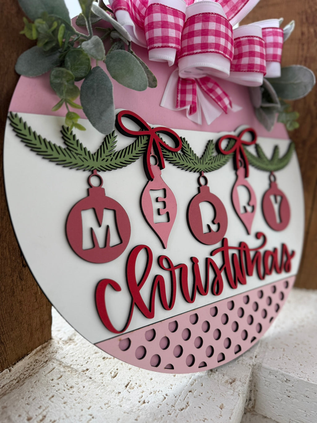 Merry Christmas Ornaments Door Sign – 3D Layered Wooden Holiday Wreath, Farmhouse Christmas Front Door Hanger with Pink Bow