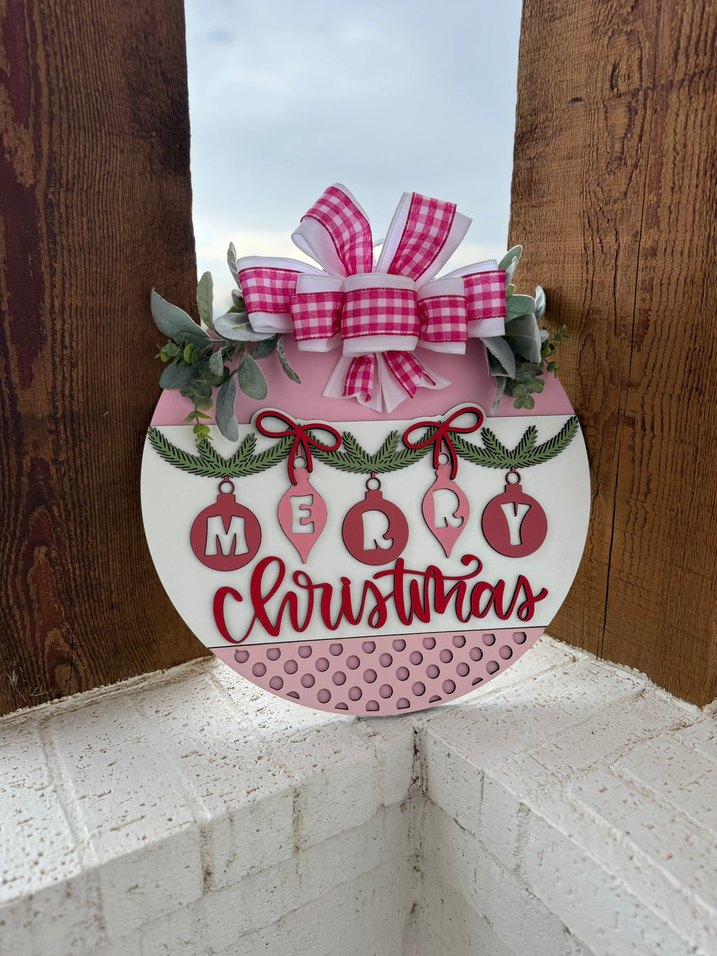 Merry Christmas Ornaments Door Sign – 3D Layered Wooden Holiday Wreath, Farmhouse Christmas Front Door Hanger with Pink Bow