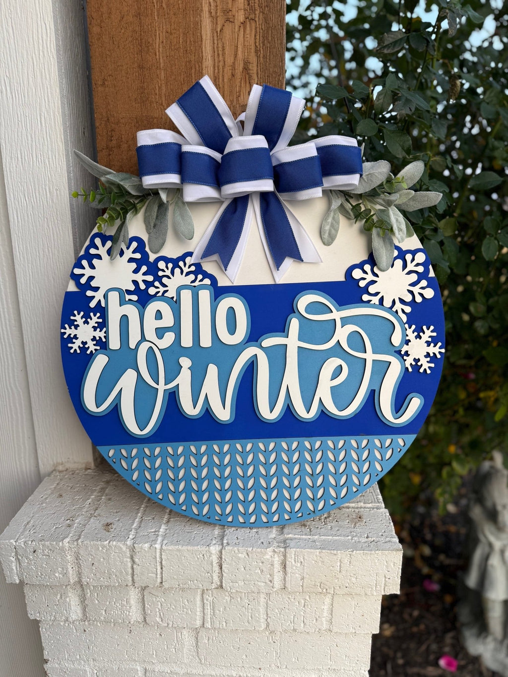 Hello Winter Door Sign | Blue Snowflake Winter Door Hanger | Farmhouse Winter Porch Décor | Seasonal Front Door Sign with Bow - 3D Layered Wood Door Sign by Getz It Done Studio