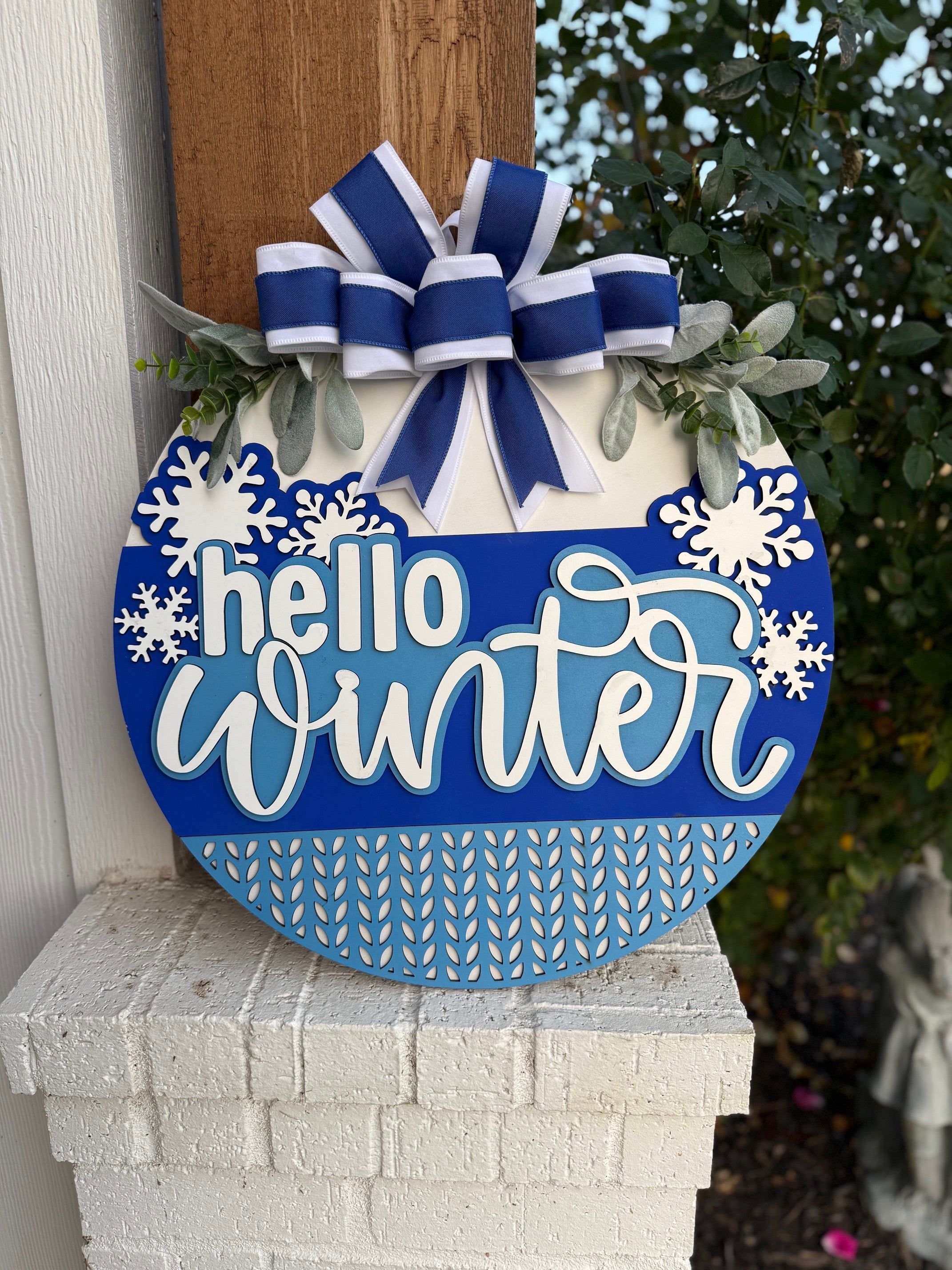 Hello Winter Door Sign | Blue Snowflake Winter Door Hanger | Farmhouse Winter Porch Décor | Seasonal Front Door Sign with Bow