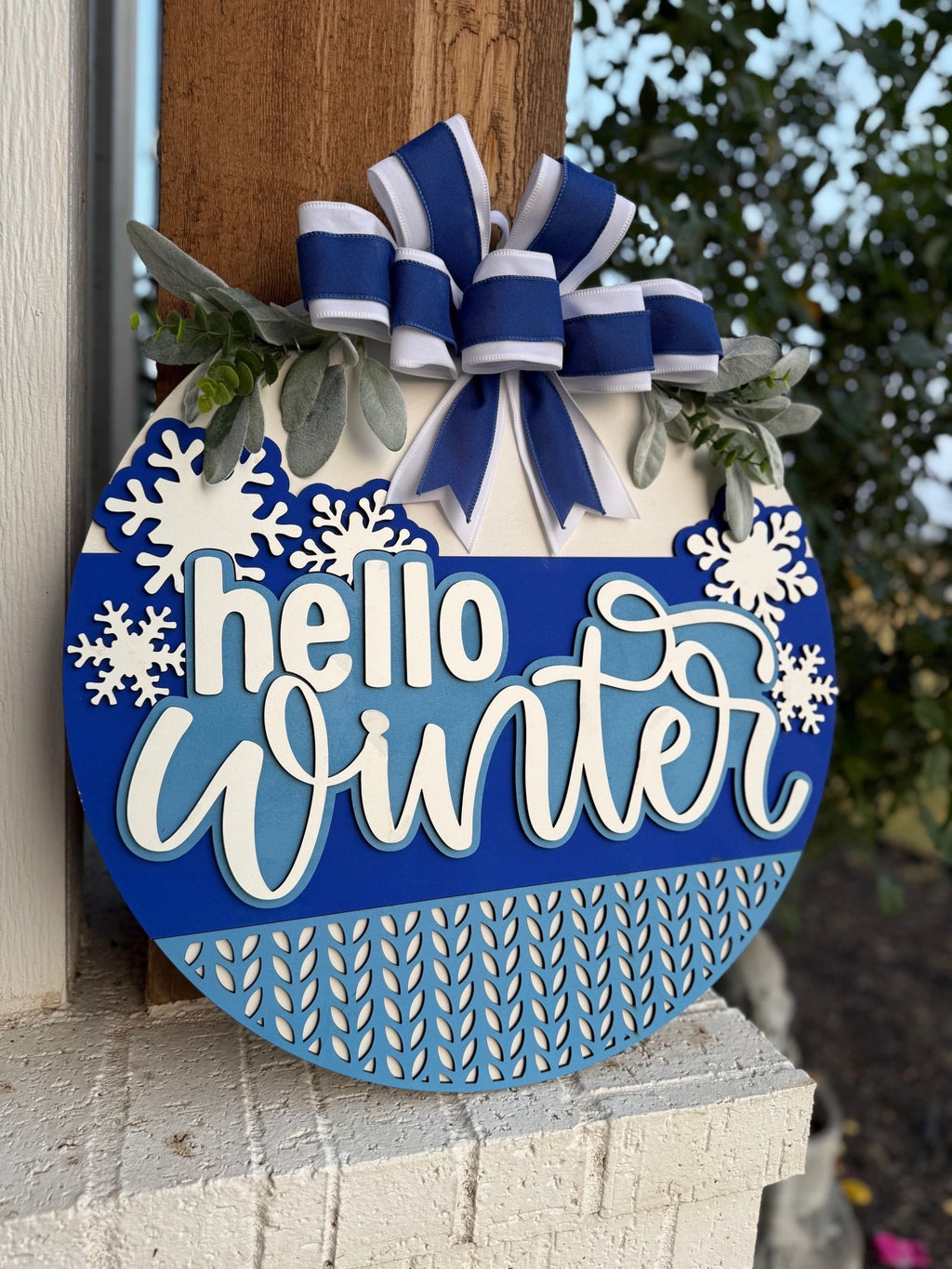 Hello Winter Door Sign | Blue Snowflake Winter Door Hanger | Farmhouse Winter Porch Décor | Seasonal Front Door Sign with Bow - 3D Layered Wood Door Sign by Getz It Done Studio