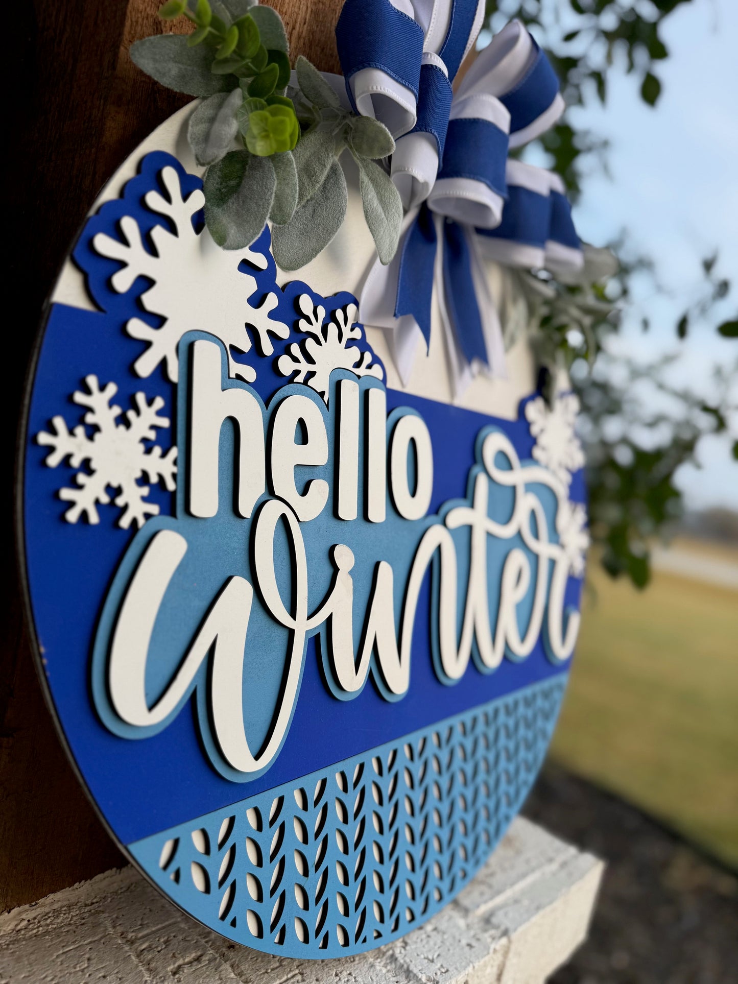 Hello Winter Door Sign | Blue Snowflake Winter Door Hanger | Farmhouse Winter Porch Décor | Seasonal Front Door Sign with Bow
