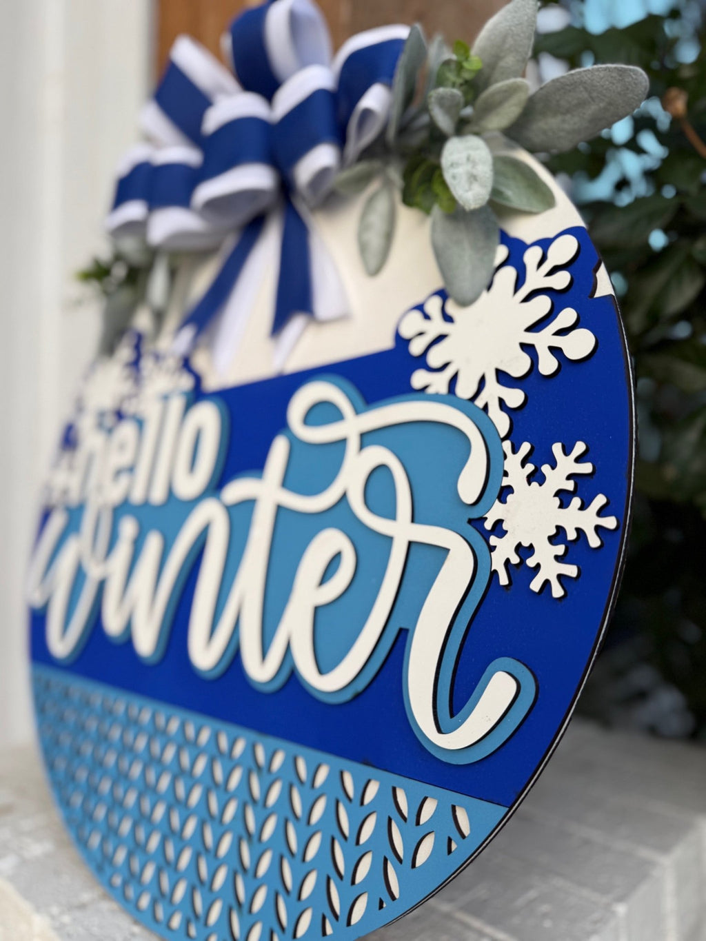 Hello Winter Door Sign | Blue Snowflake Winter Door Hanger | Farmhouse Winter Porch Décor | Seasonal Front Door Sign with Bow - 3D Layered Wood Door Sign by Getz It Done Studio