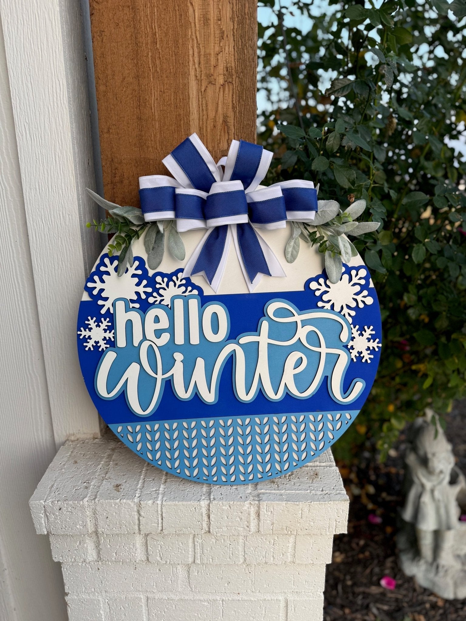 Hello Winter Door Sign | Blue Snowflake Winter Door Hanger | Farmhouse Winter Porch Décor | Seasonal Front Door Sign with Bow - 3D Layered Wood Door Sign by Getz It Done Studio