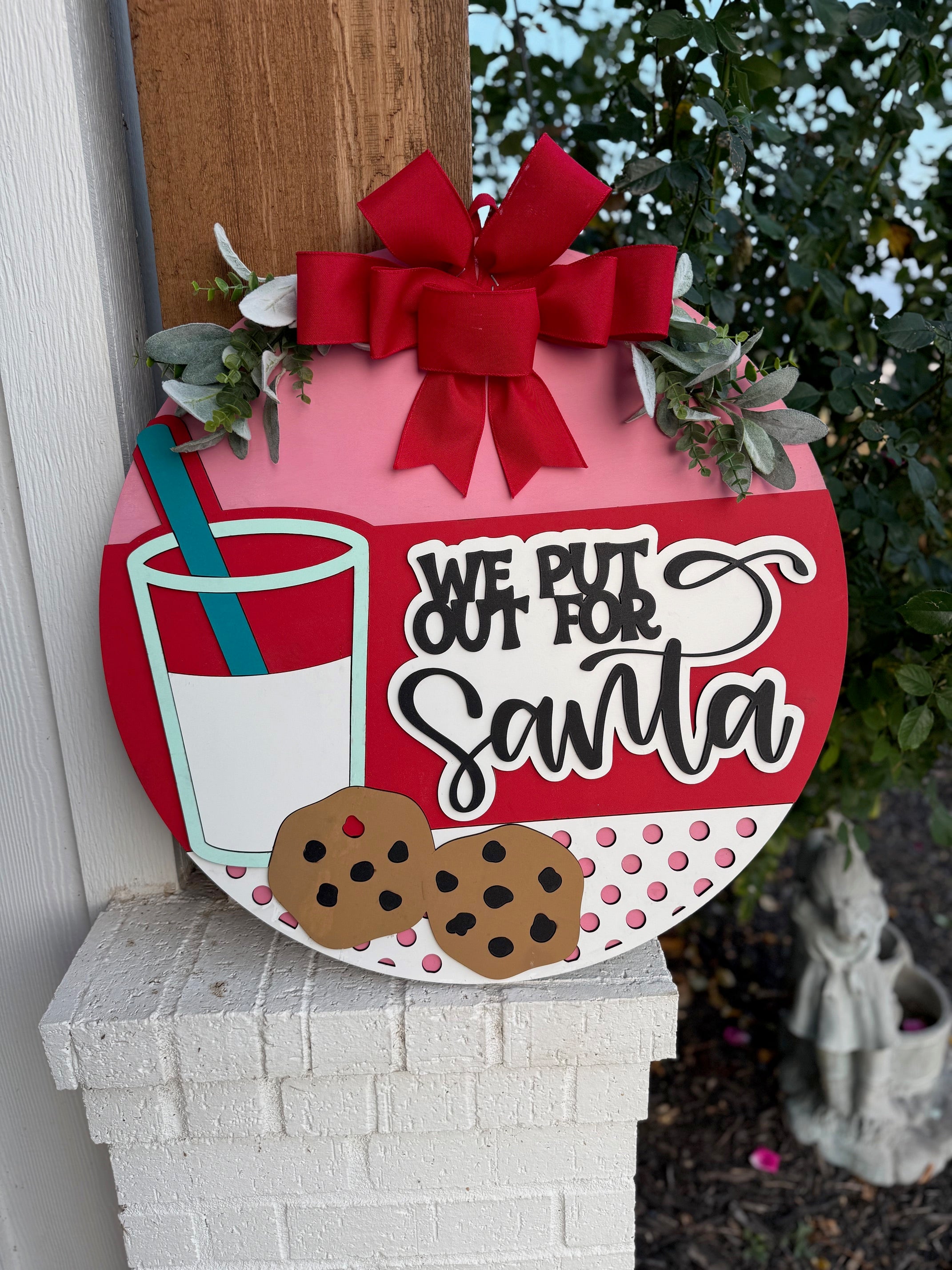 We Put Out for Santa Door Sign – Funny Christmas Door Hanger with Milk & Cookies, Holiday Front Porch Decor, Farmhouse Christmas Wreath Alternative