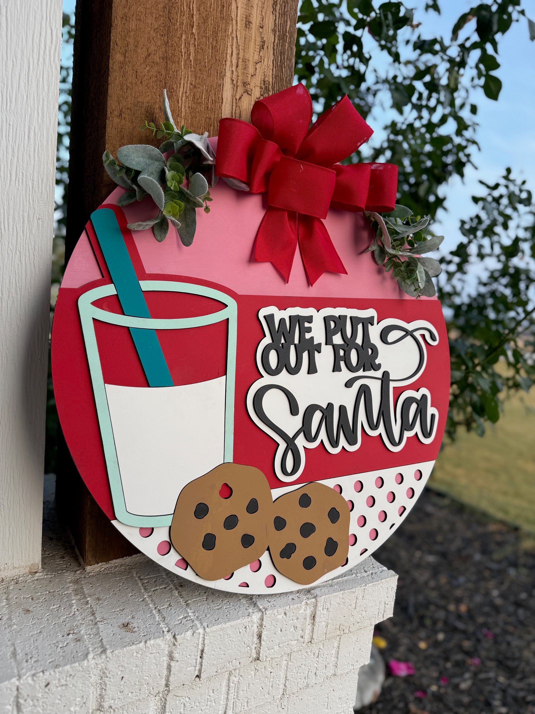 We Put Out for Santa Door Sign – Funny Christmas Door Hanger with Milk & Cookies, Holiday Front Porch Decor, Farmhouse Christmas Wreath Alternative