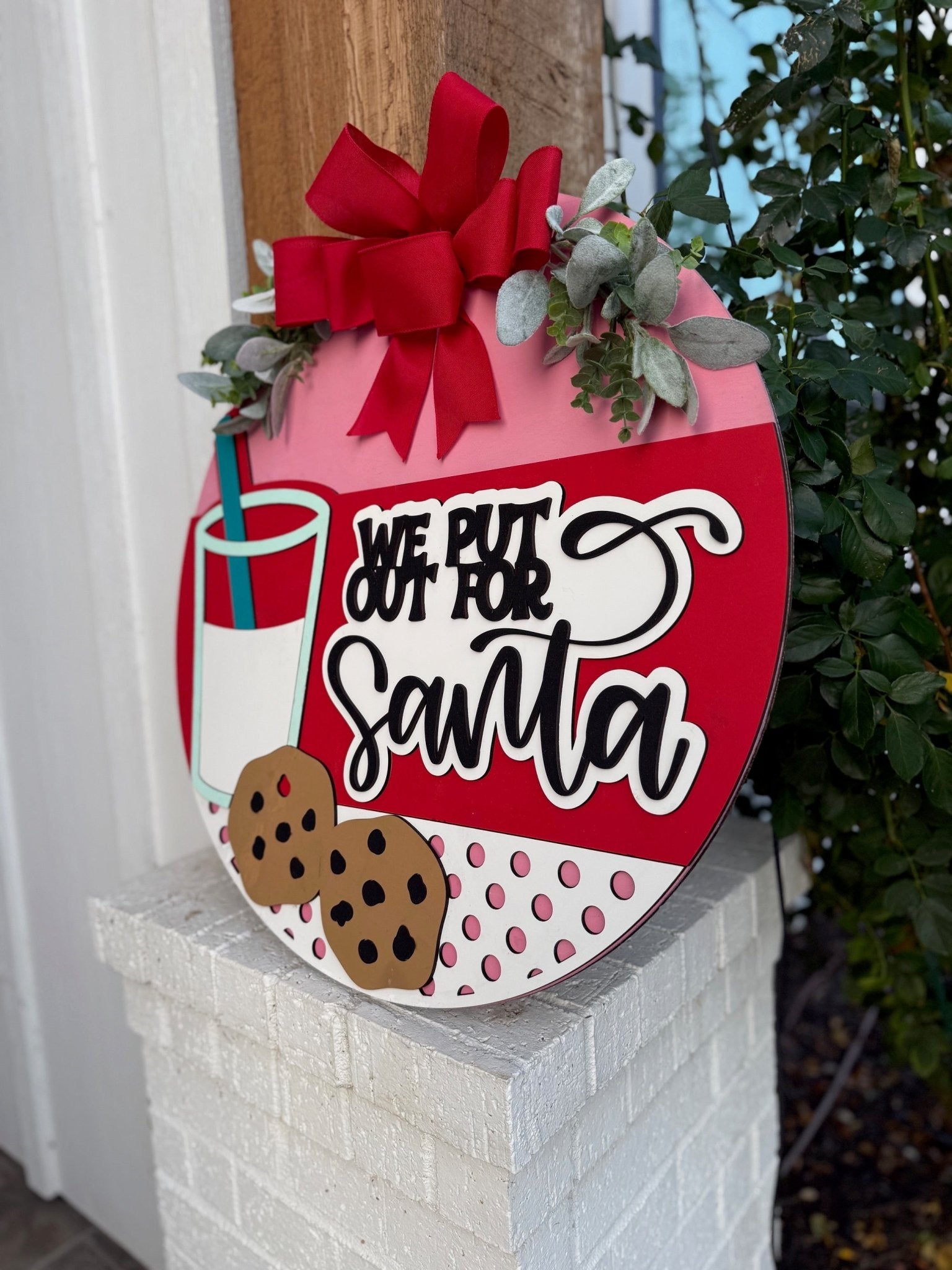 We Put Out for Santa Door Sign – Funny Christmas Door Hanger with Milk & Cookies, Holiday Front Porch Decor, Farmhouse Christmas Wreath Alternative - 3D Layered Wood Door Sign by Getz It Done Studio