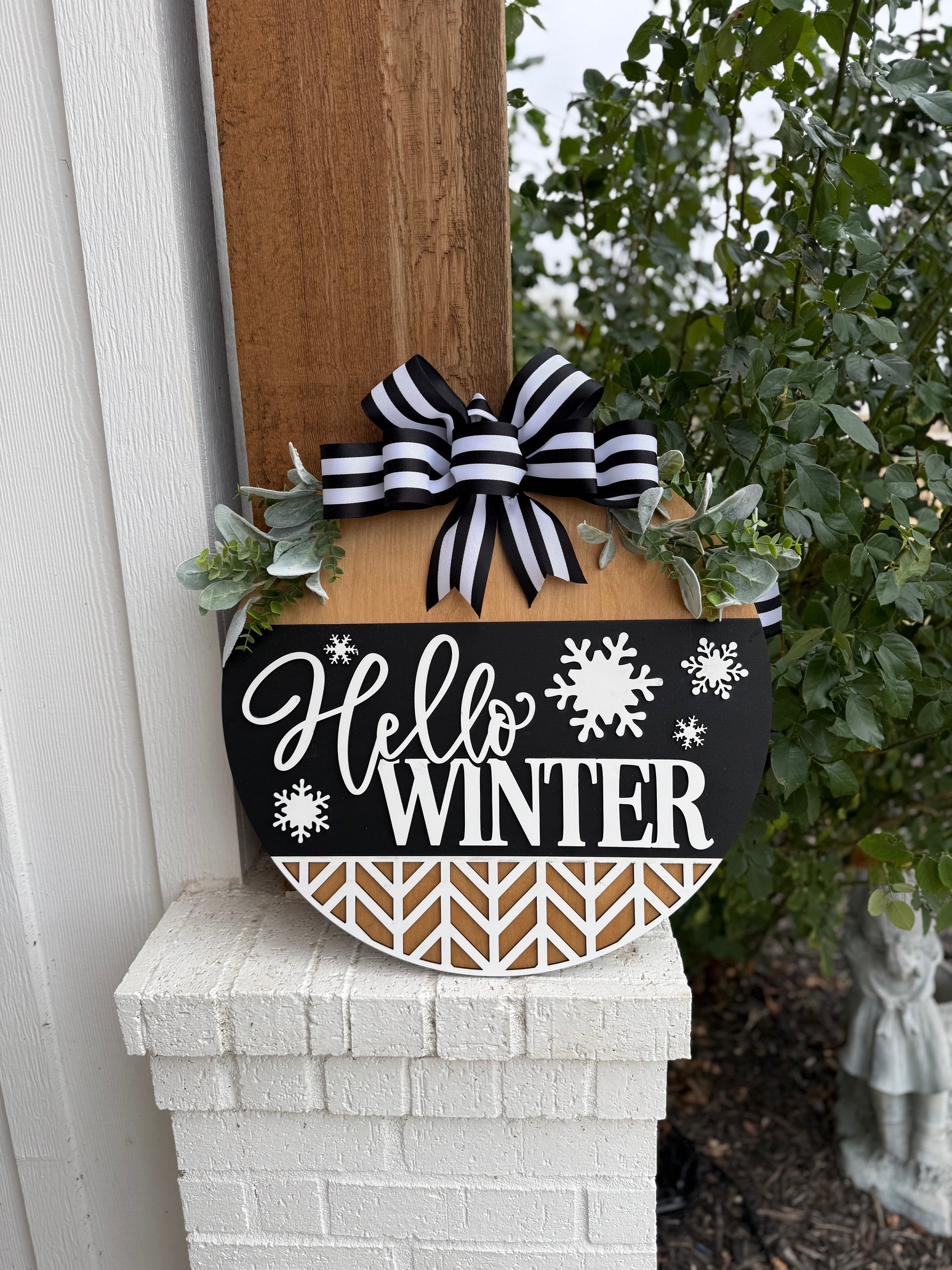 Hello Winter Door Sign – Black and White Winter Door Hanger, Snowflake Porch Decor, Farmhouse Winter Sign, Handmade Layered Wood