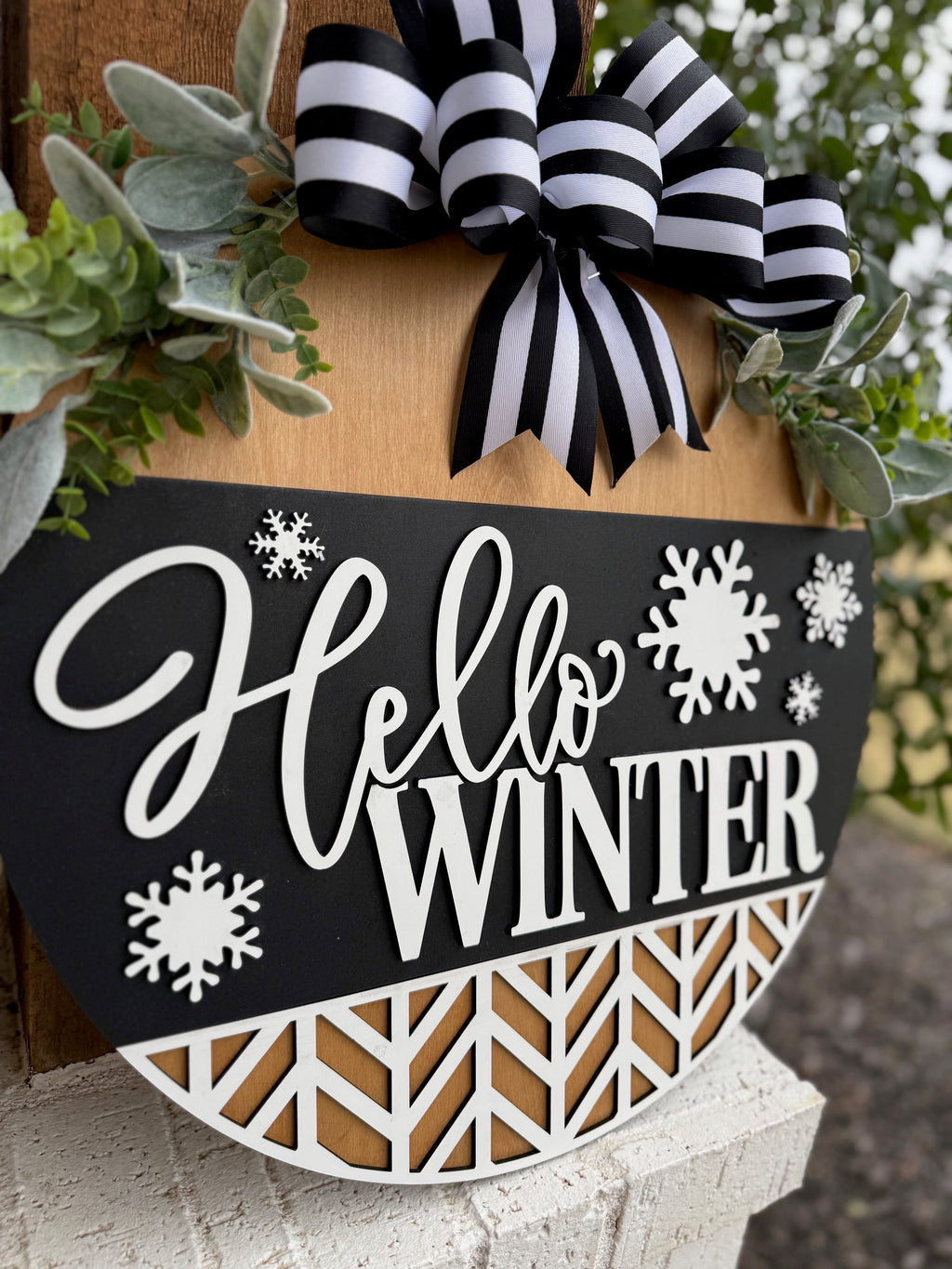 Hello Winter Door Sign – Black and White Winter Door Hanger, Snowflake Porch Decor, Farmhouse Winter Sign, Handmade Layered Wood