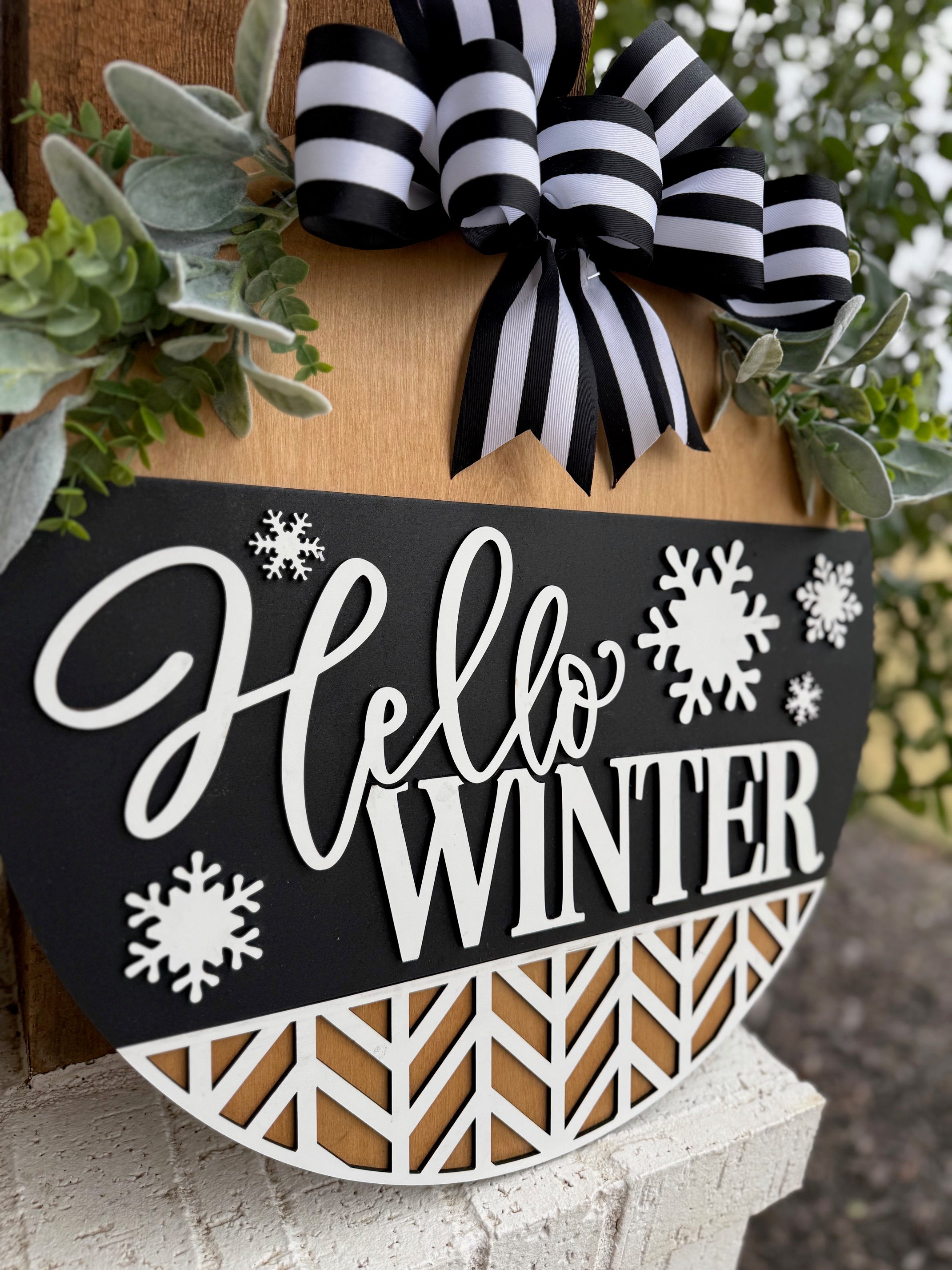 Hello Winter Door Sign – Black and White Winter Door Hanger, Snowflake Porch Decor, Farmhouse Winter Sign, Handmade Layered Wood