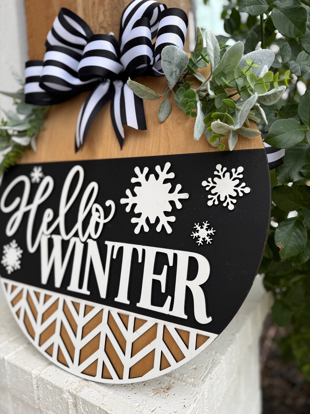 Hello Winter Door Sign – Black and White Winter Door Hanger, Snowflake Porch Decor, Farmhouse Winter Sign, Handmade Layered Wood