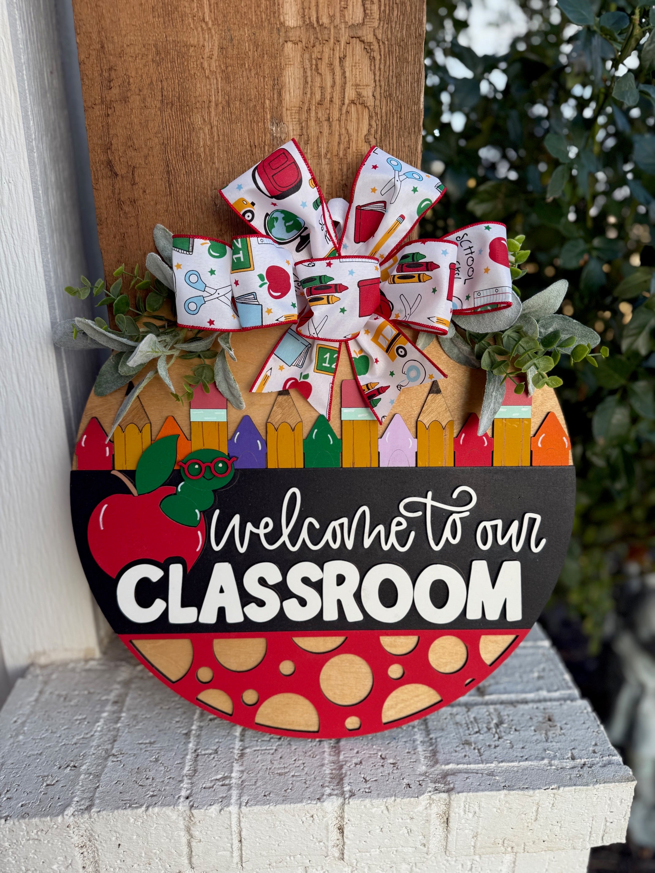 Welcome To Our Classroom Apple Worm Door Sign, Door Wreath