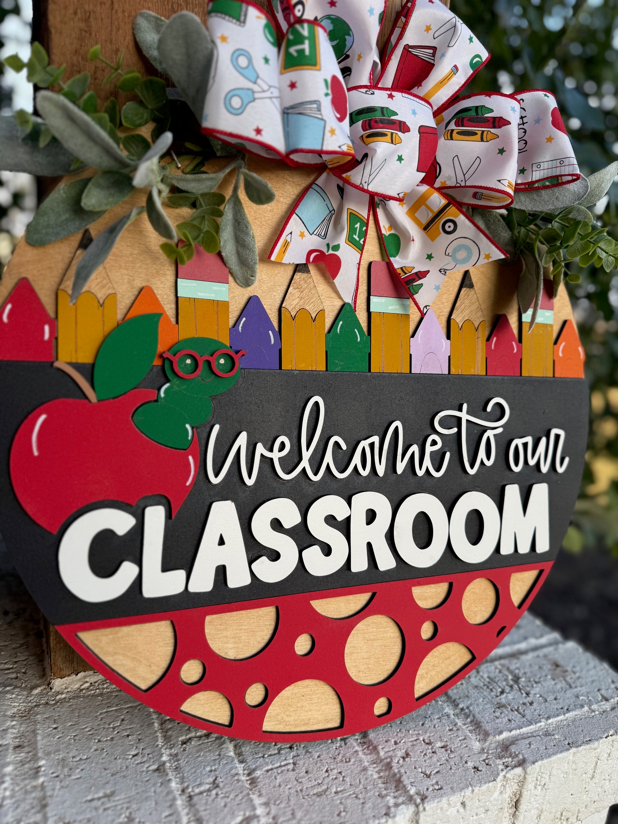Welcome To Our Classroom Apple Worm Door Sign, Door Wreath