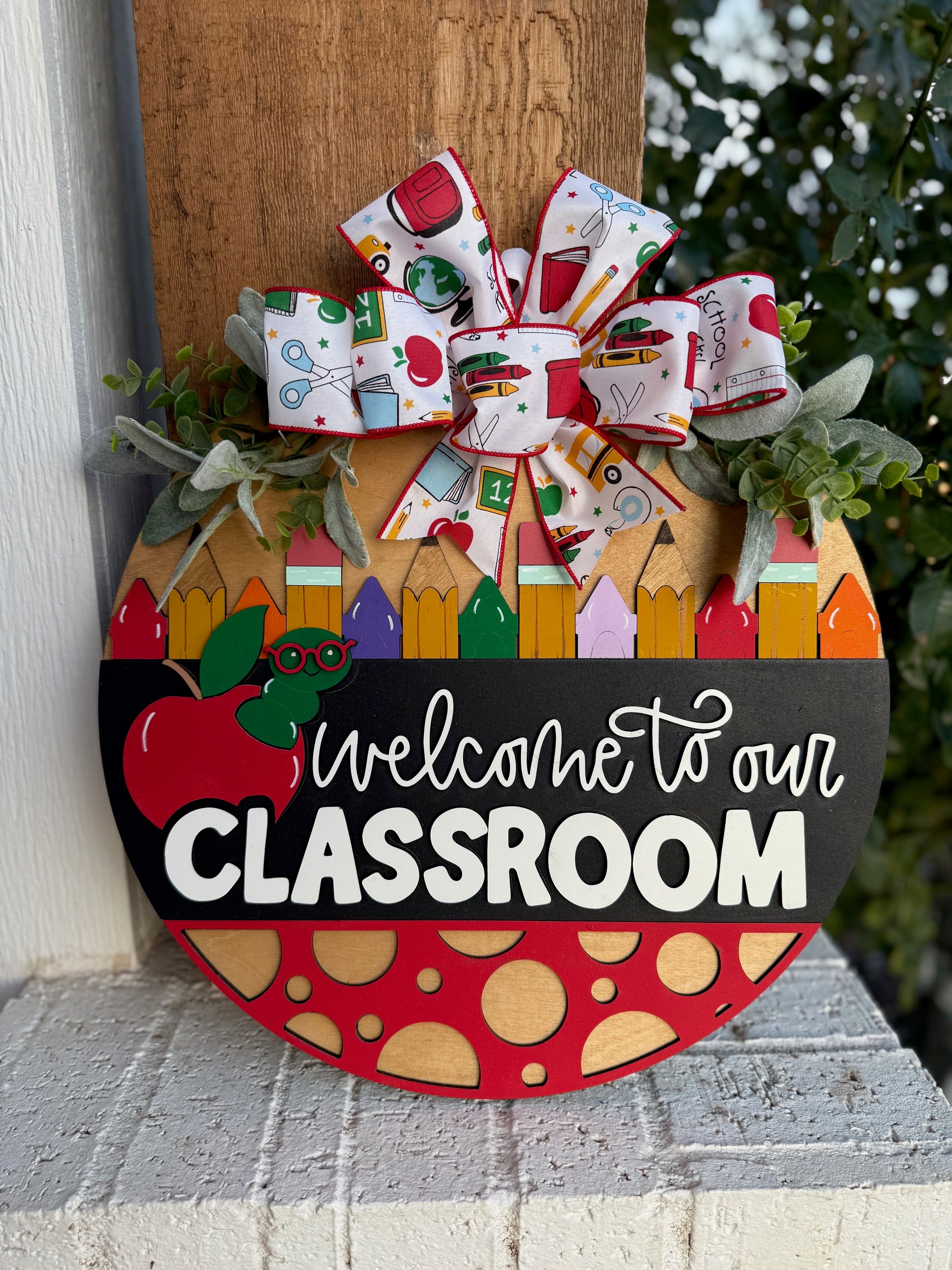 Welcome To Our Classroom Apple Worm Door Sign, Door Wreath