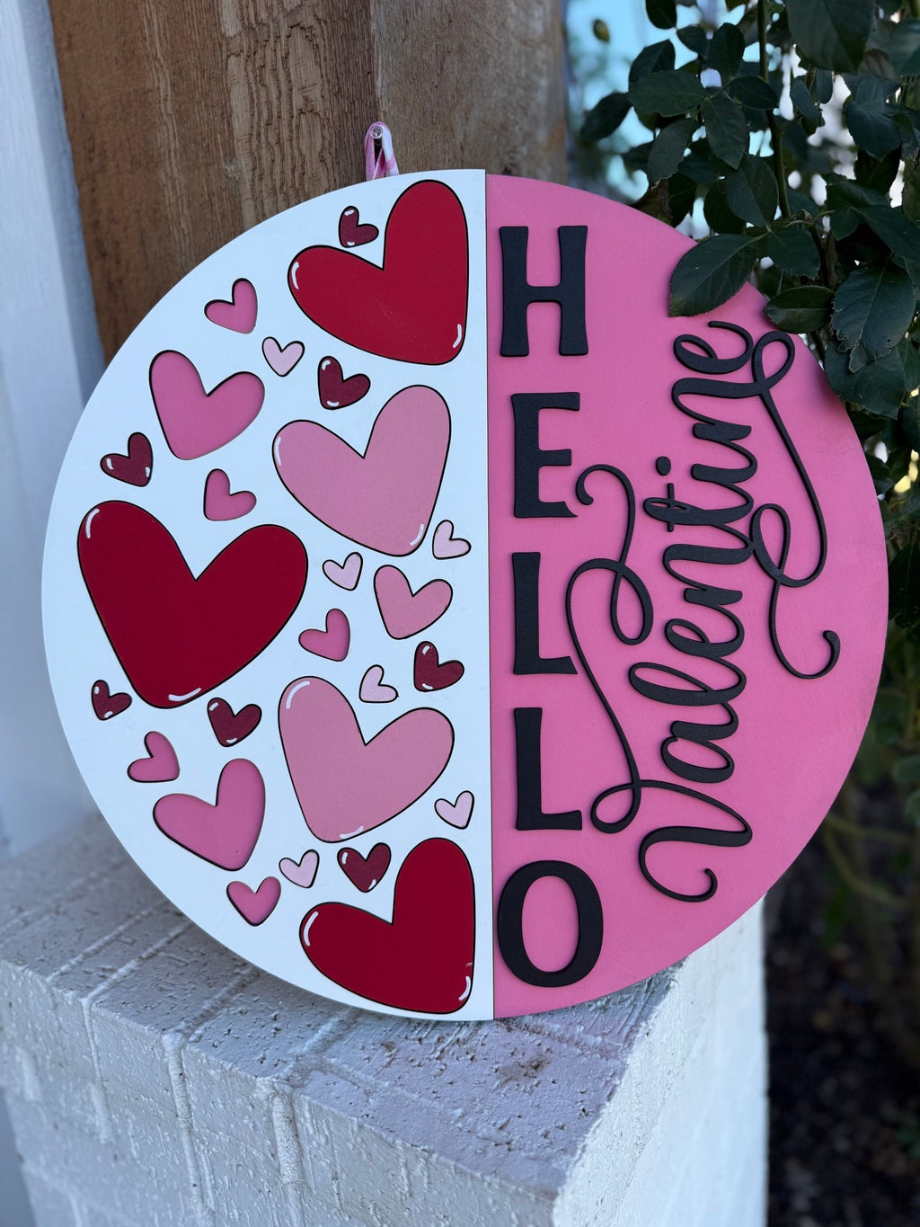 Hello Valentine Door Hanger • Valentine Front Door Sign • Pink Heart Decor • Valentine Porch Sign • Wooden Round Sign - 3D Layered Wood Door Sign by Getz It Done Studio