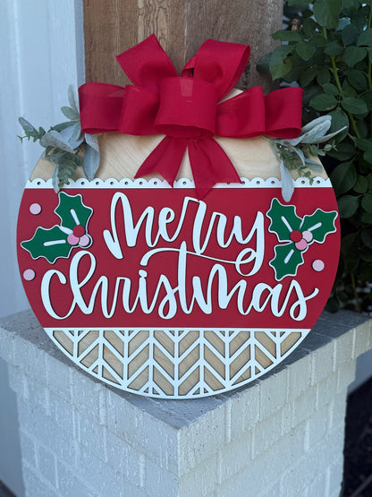 Merry Christmas Door Sign with Holly & Red Bow – Laser Cut Wooden Holiday Wreath for Front Porch – Farmhouse Christmas Décor