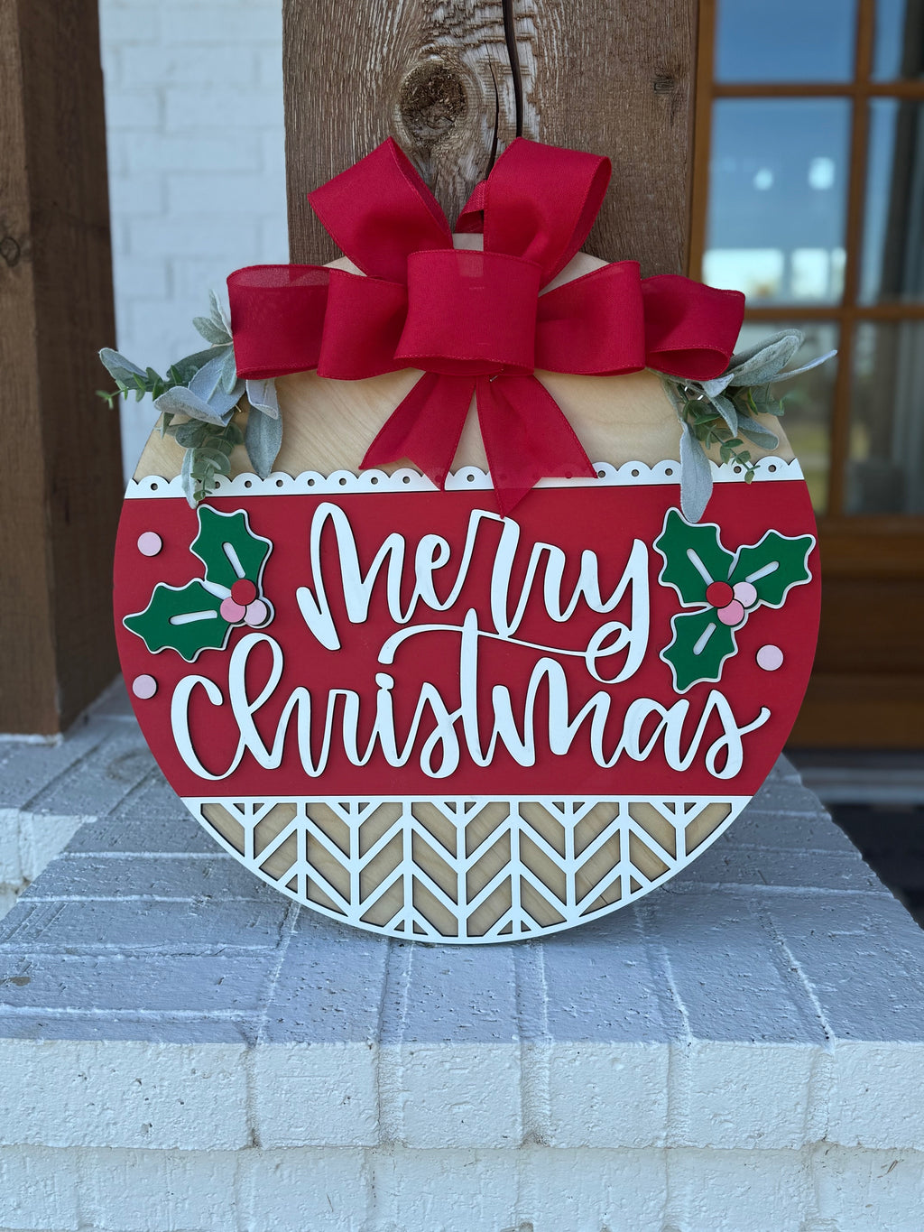 Merry Christmas Door Sign with Holly & Red Bow – Laser Cut Wooden Holiday Wreath for Front Porch – Farmhouse Christmas Décor
