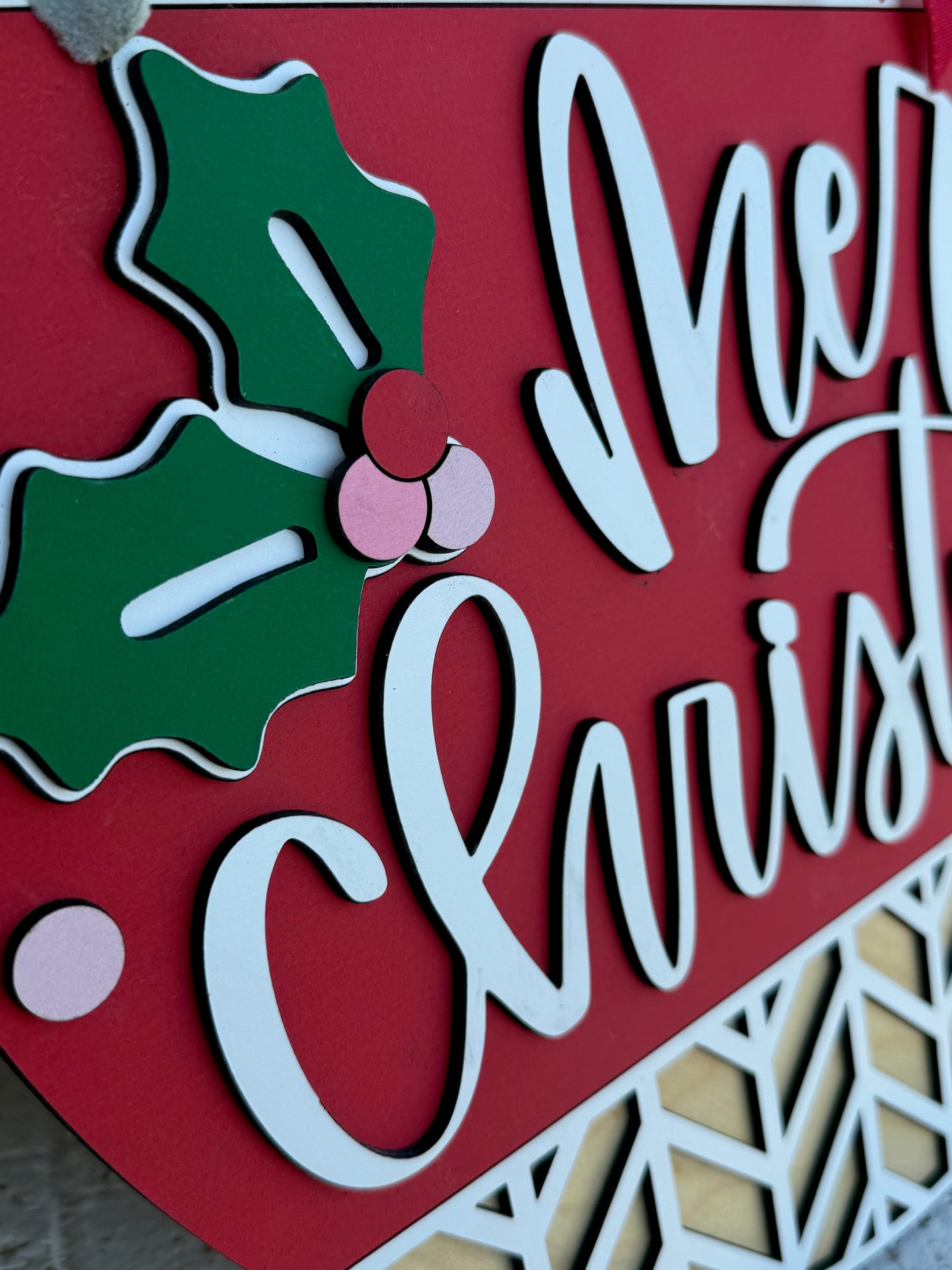 Merry Christmas Door Sign with Holly & Red Bow – Laser Cut Wooden Holiday Wreath for Front Porch – Farmhouse Christmas Décor