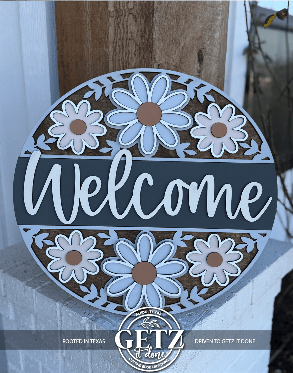 Floral Welcome Sign | Farmhouse Daisy Door Hanger | Spring Front Porch Decor | Round Wood Rustic Sign - 3D Layered Wood Door Sign by Getz It Done Studio