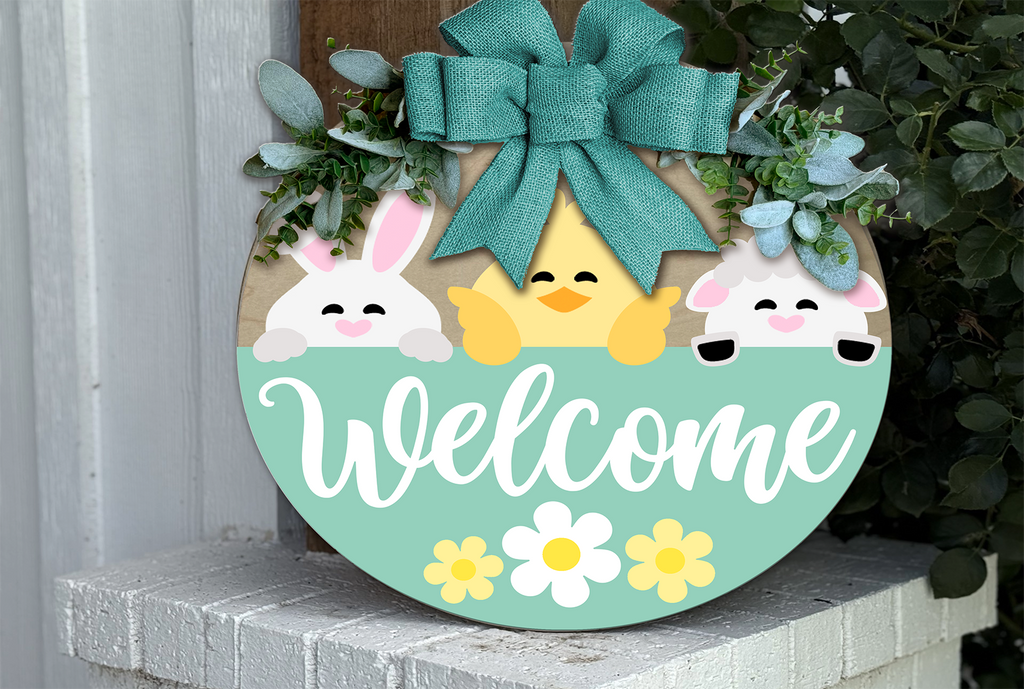 Easter Welcome Sign | Bunny Chick Lamb Door Hanger | Spring Farmhouse Front Porch Decor | Round Wood Sign