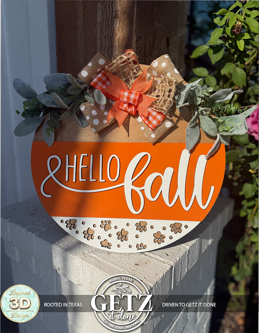 Hello Fall Wood Door Hanger 3D Layered Sign Dog Paw Print Decor Wreath